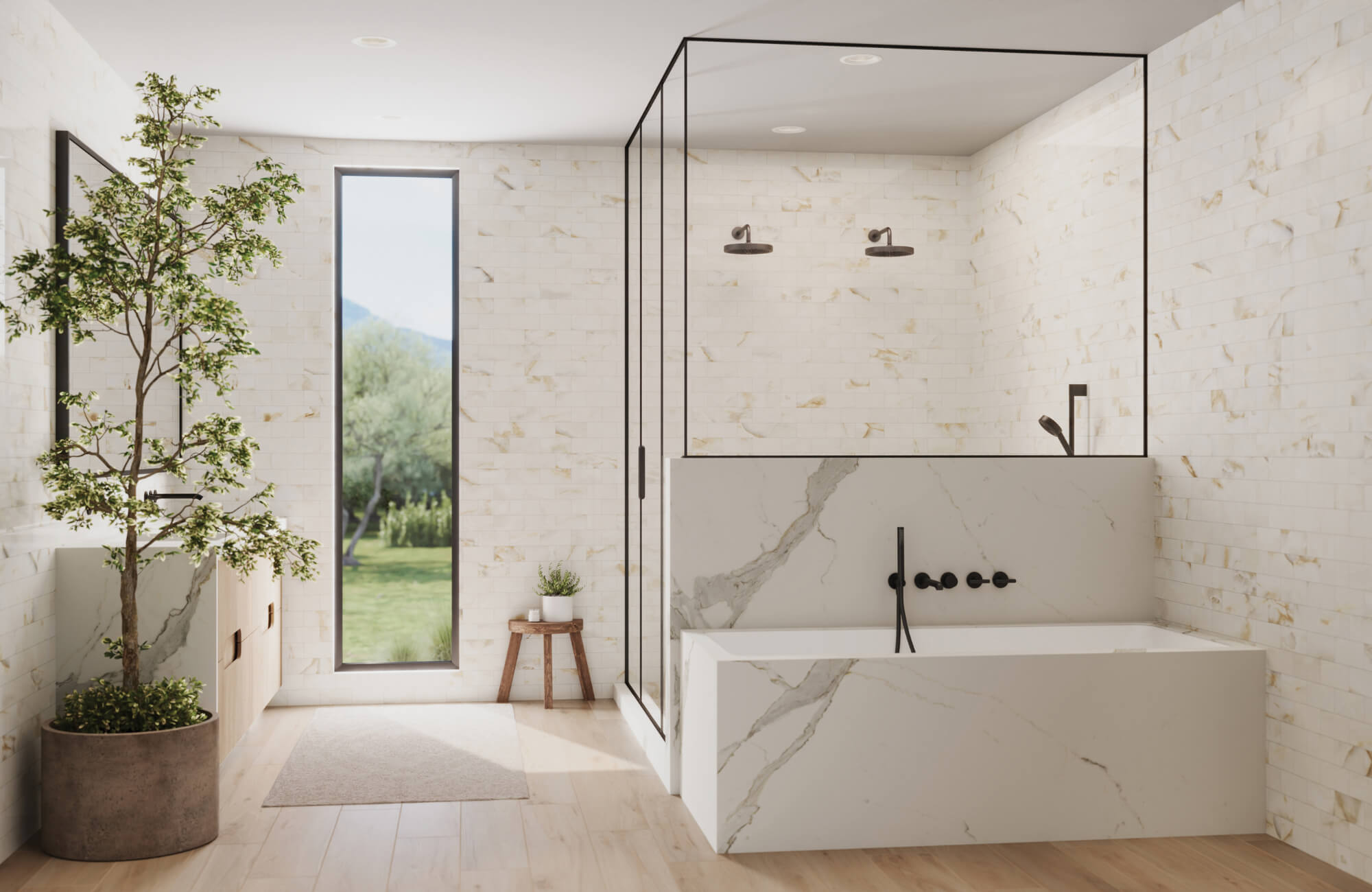 Modern bathroom with wood look tile flooring, marble look tub surround, black fixtures, and large windows bringing in natural light.
