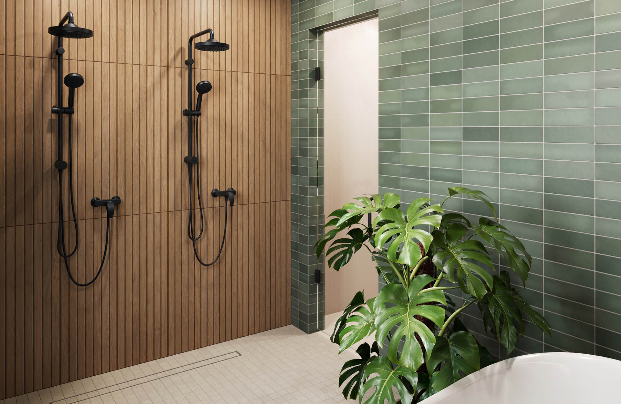 Modern shower with vertical wood look tile walls, green subway tile accent, black fixtures, and a large tropical plant near a bathtub.