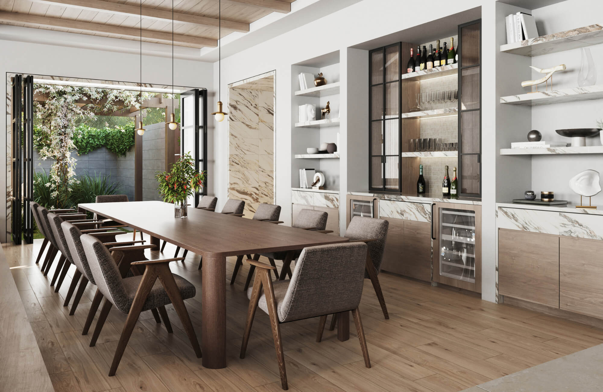 Modern dining room with wood look tile flooring, a long wooden table, upholstered chairs, marble accents, and open views to a garden patio.