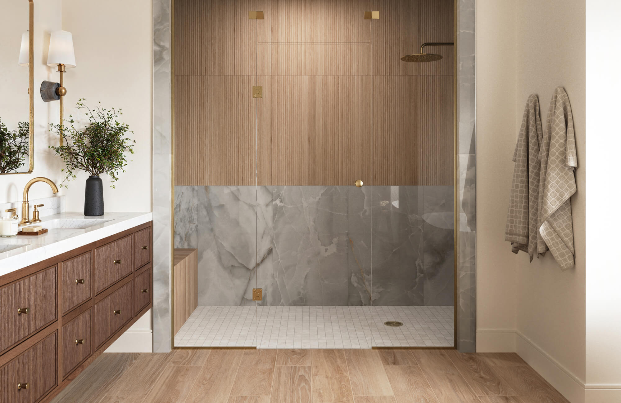 null Luxurious bathroom with wood-paneled shower walls, marble accents, and gold fixtures, blending natural elements with elegant design.