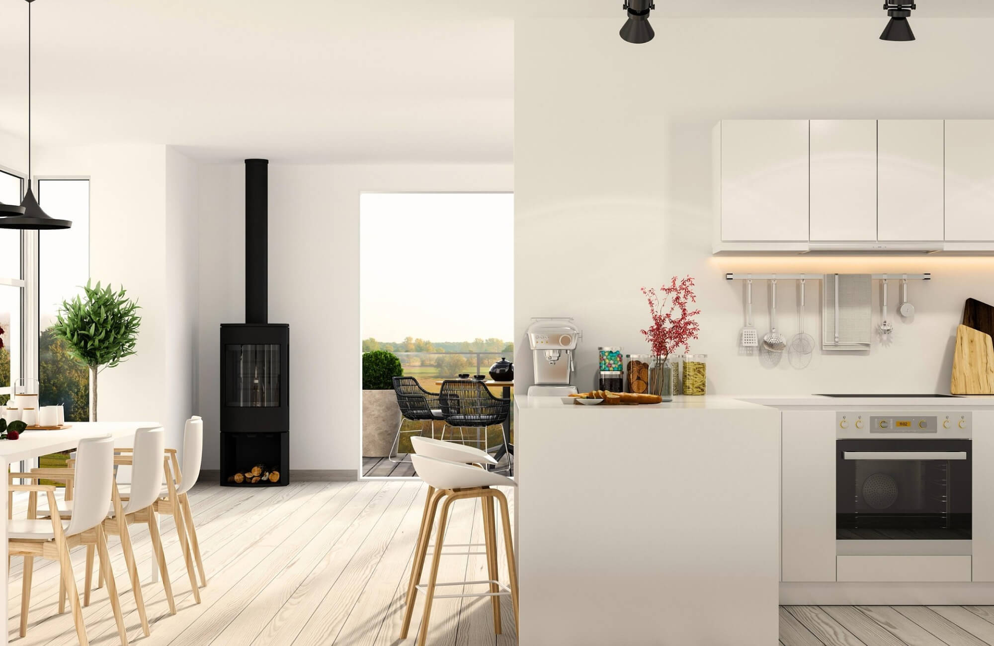 Minimalist kitchen design highlighted by crisp white cabinetry, a streamlined peninsula with bar seating, integrated appliances, soft under-cabinet lighting, and an open-plan layout that flows into a bright dining and living area.