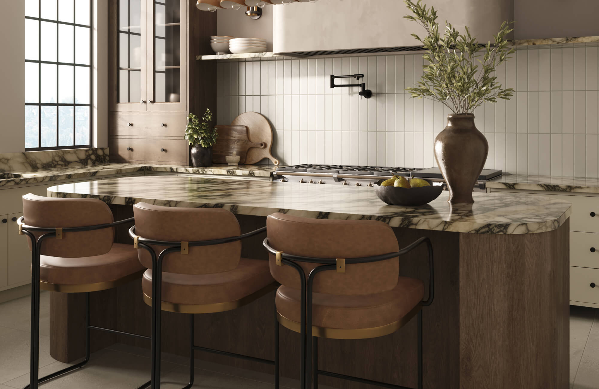 Refined kitchen design featuring a richly veined marble island, warm wood cabinetry, vertical tile backsplash, and upholstered counter stools that create a balanced blend of natural textures and elevated craftsmanship.