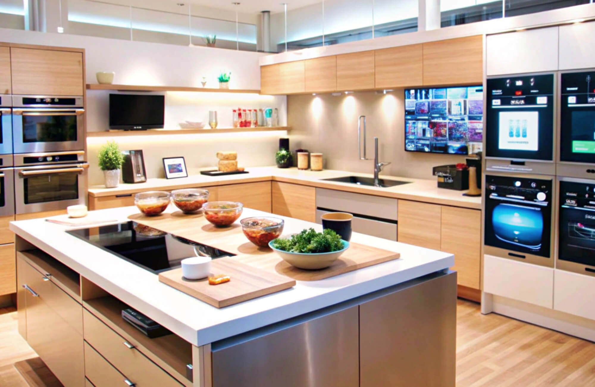 High-tech kitchen design featuring warm wood cabinetry, integrated smart appliances with digital displays, a multifunctional island workspace, and layered ambient lighting that enhances both efficiency and contemporary appeal.
