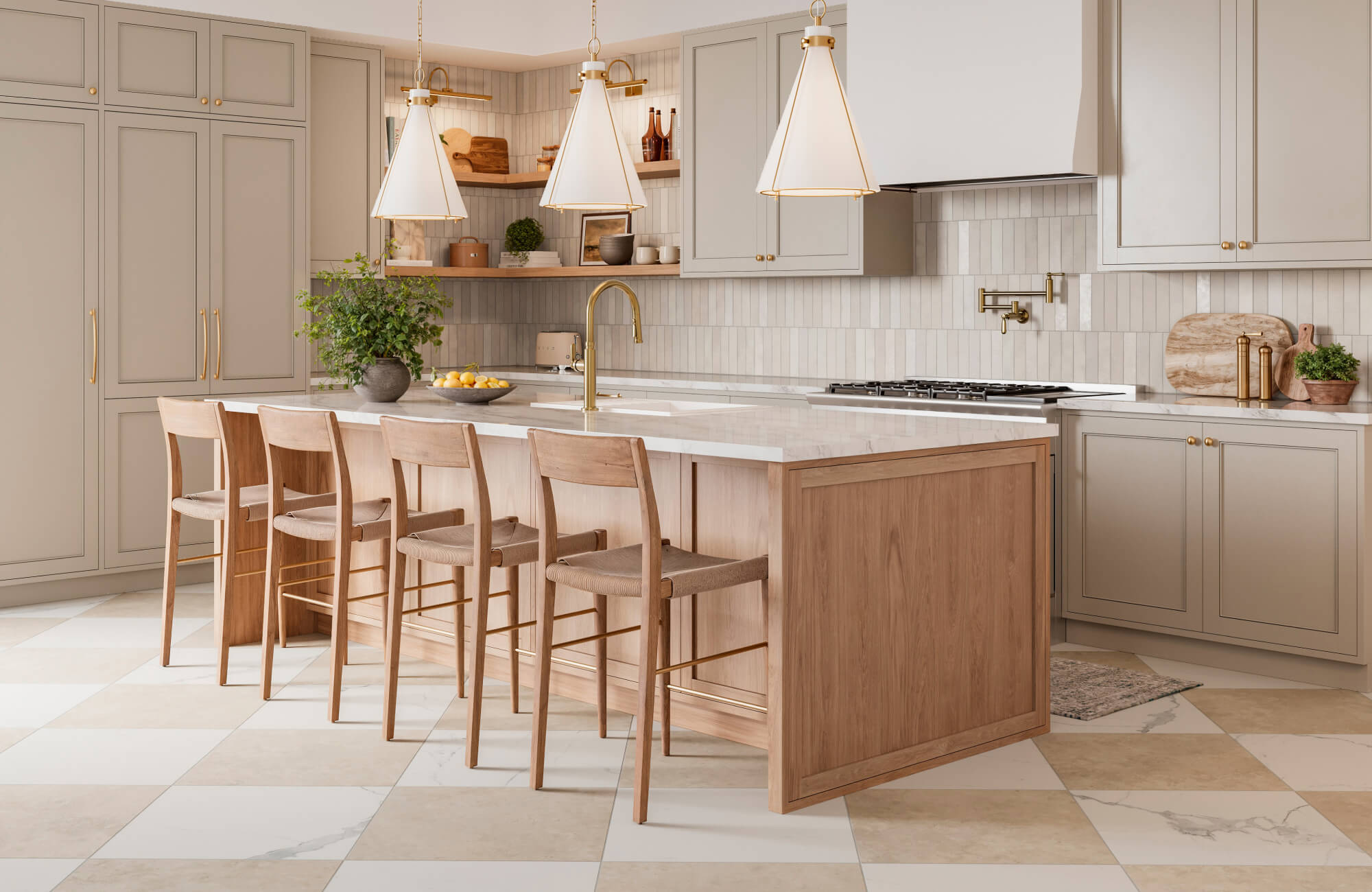 Timeless kitchen design featuring soft gray shaker cabinetry, a warm wood island with integrated seating, elegant brass fixtures, and classic pendant lighting that creates a refined yet inviting culinary space.