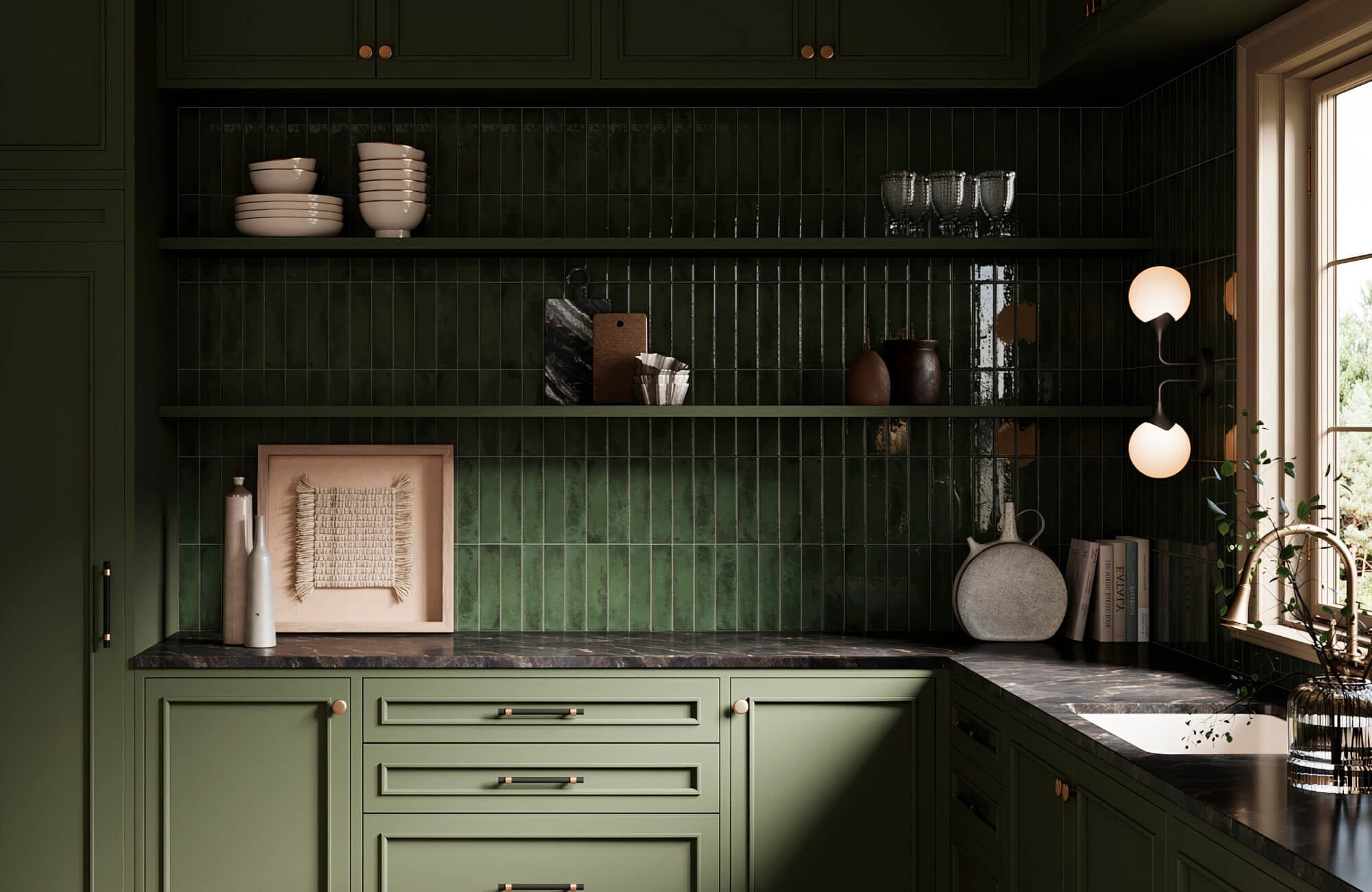 null Modern kitchen with glossy dark green vertical subway tile backsplash, matching green cabinetry, open shelving, and a marble countertop with brass fixtures.
