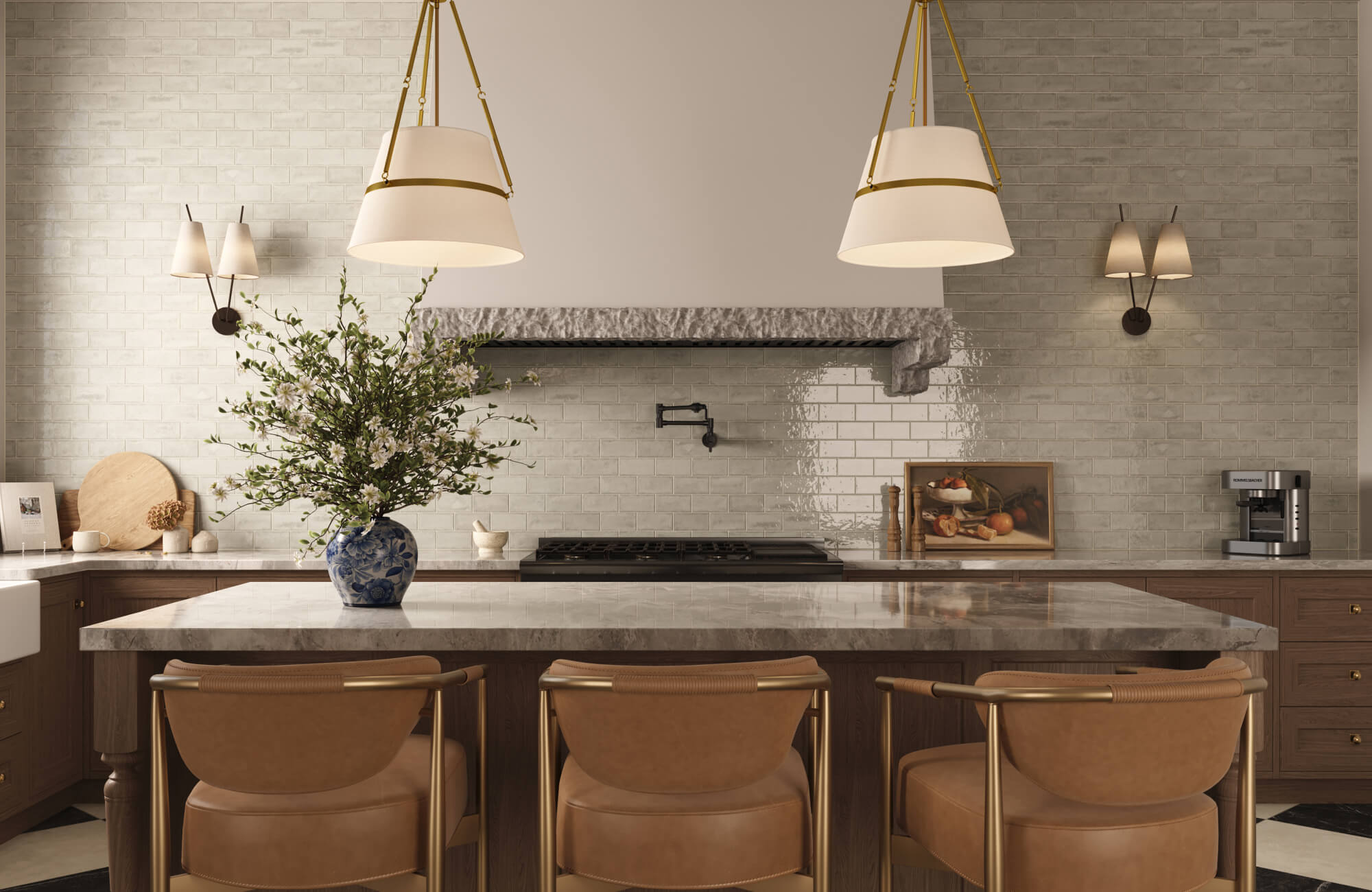 null Full-height glossy ceramic tile backsplash in bone behind a wood kitchen island with marble countertop, brass pendant lights, and warm walnut cabinetry.