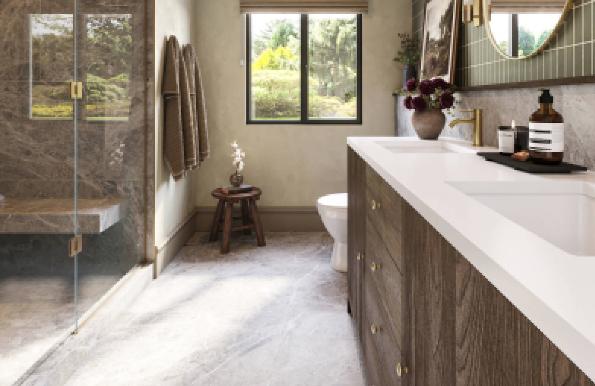 null Warm, refined bathroom featuring stone-look floor tiles, softly textured wall finishes, wood-grain cabinetry, and brass accents that create a balanced blend of natural materials and timeless modern style.