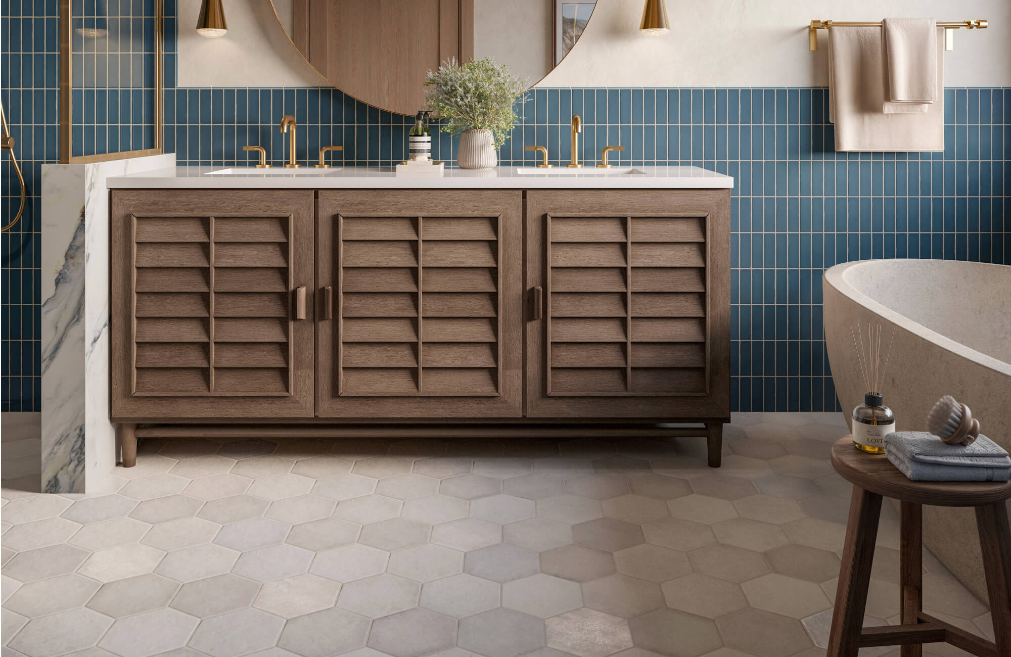 null Stylish modern bathroom with vertically stacked blue tiles, warm wood slatted cabinetry, brass fixtures, hexagonal floor tiles, and clean geometric lines that reflect timeless midcentury elegance.