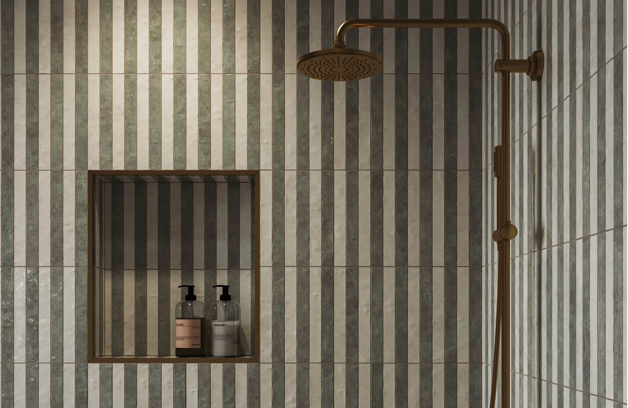 null Modern shower with vertically striped stone-look tiles, a recessed niche, and warm brass fixtures that emphasize clean geometry, subtle contrast, and architectural rhythm.