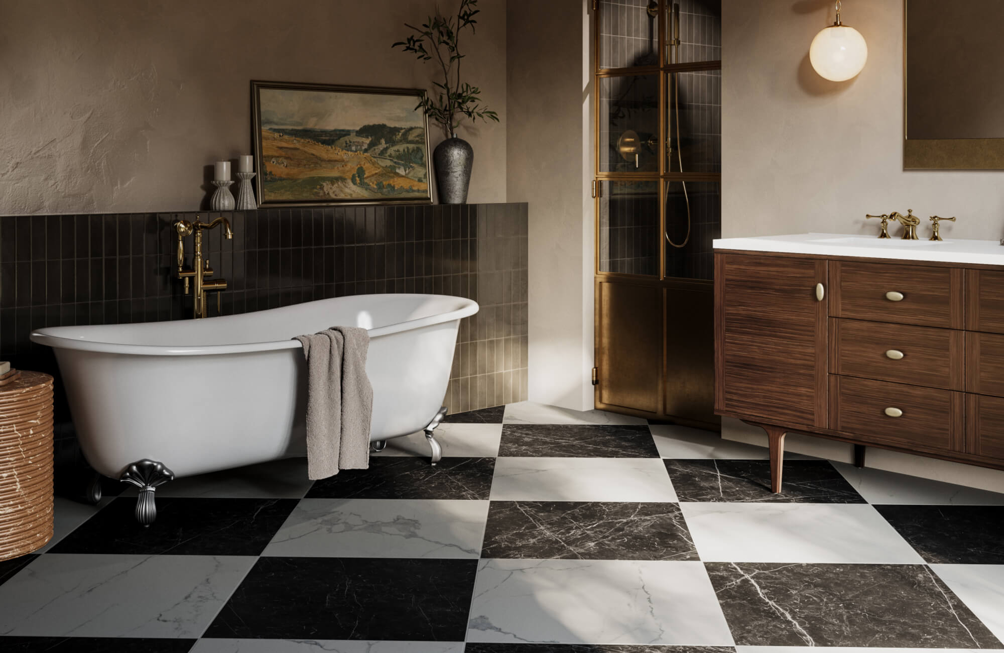 null Dramatic, modern bathroom featuring bold checkerboard floor tiles, vertically stacked dark wall tiles, a sculptural freestanding tub, brass fixtures, and warm wood cabinetry.