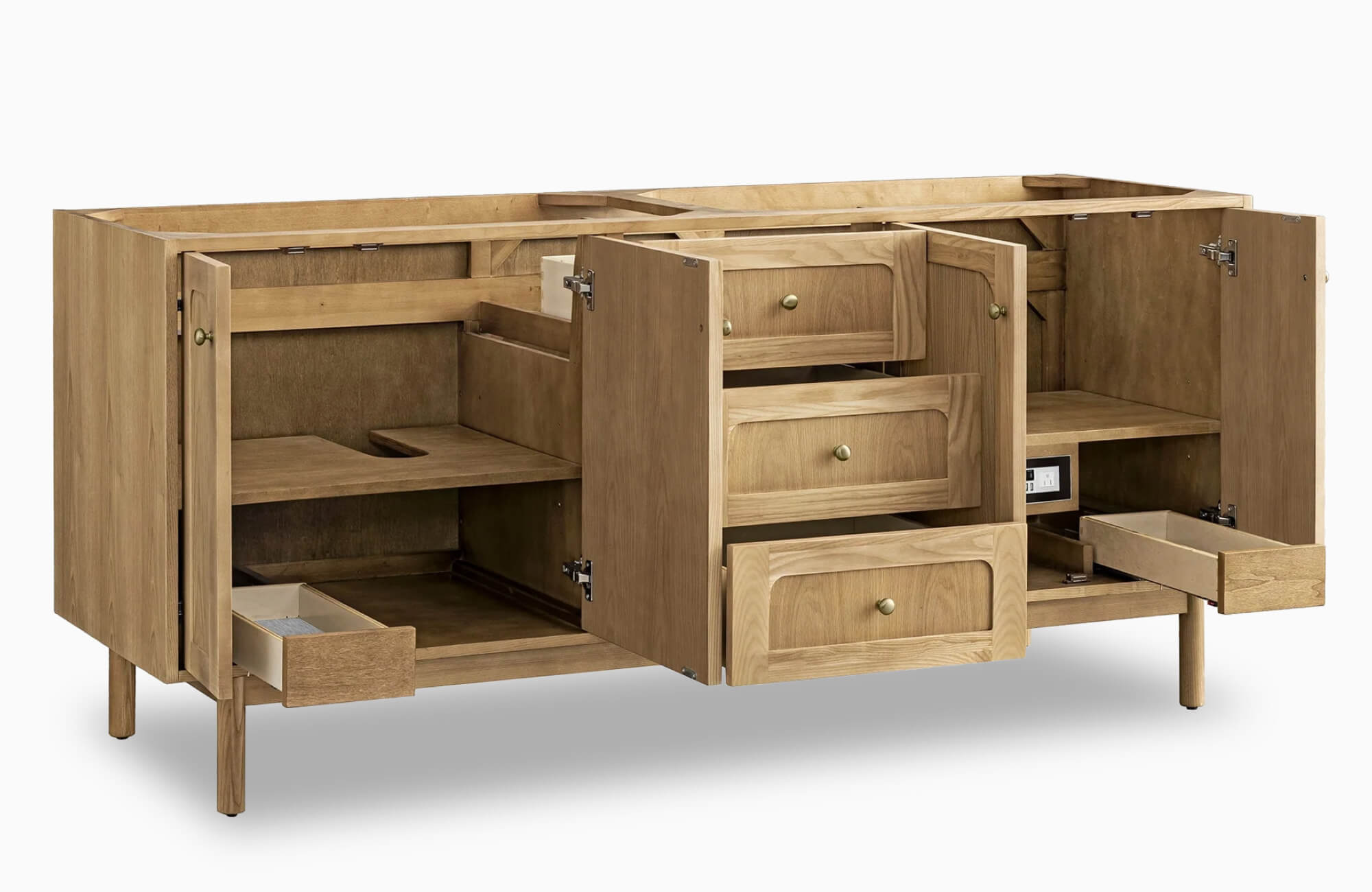 A modern bathroom vanity in natural wood is shown with its cabinet doors and drawers open, highlighting thoughtfully designed interior storage, soft-close hardware, integrated compartments, and clean-lined craftsmanship.