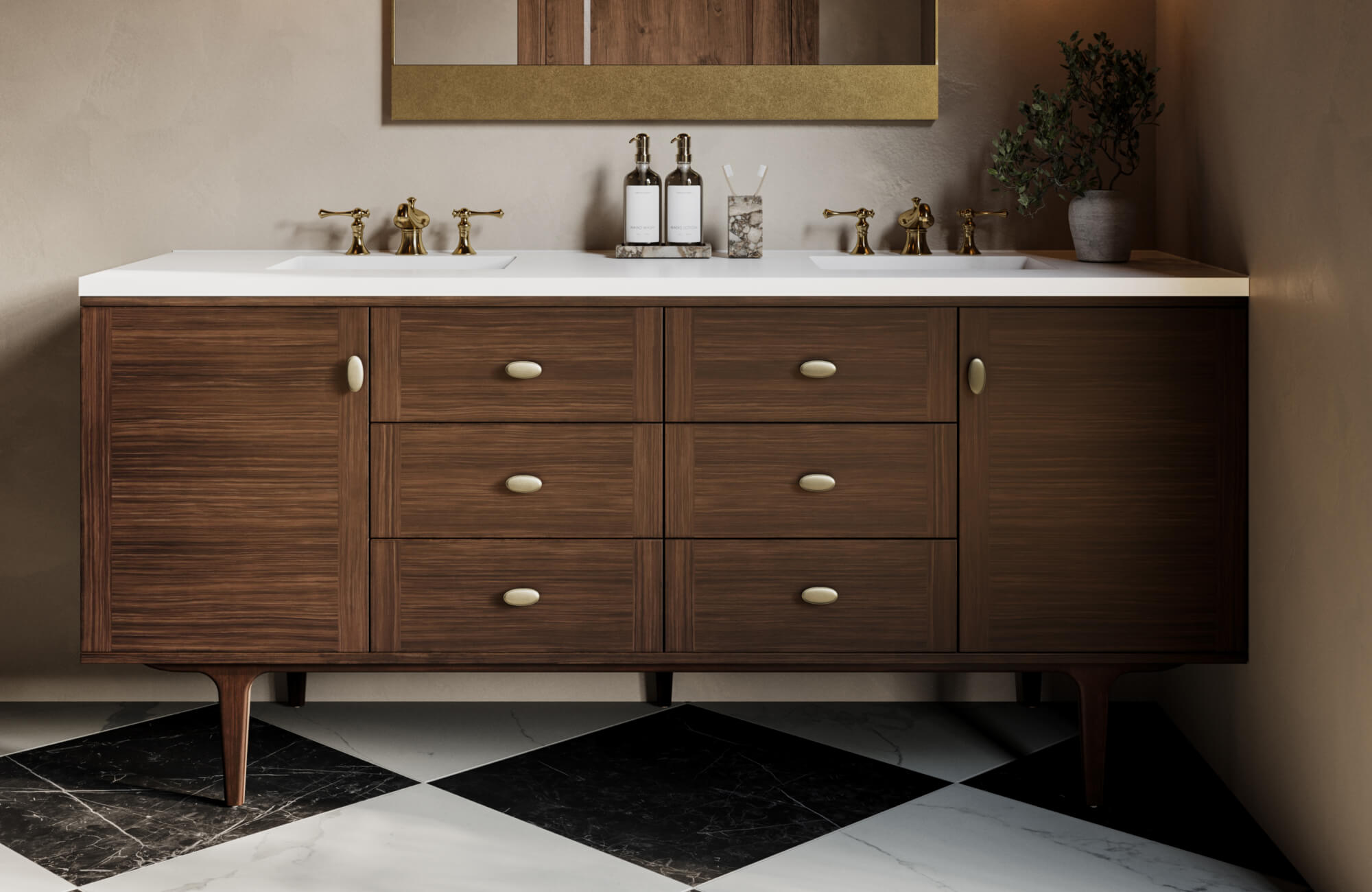 A modern bathroom vanity with warm walnut-toned cabinetry and streamlined drawer fronts is paired with a crisp white double-sink countertop, elegant brass fixtures, tapered legs, and soft ambient lighting.