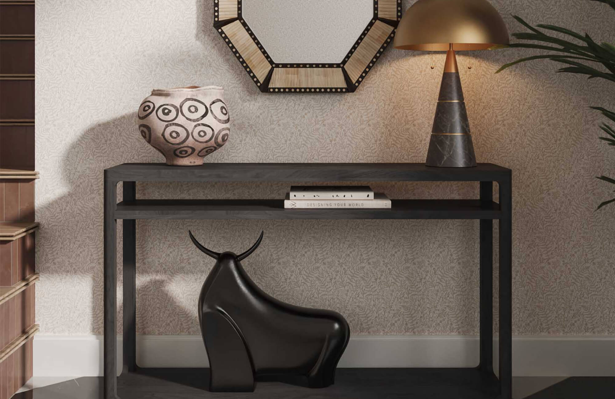 null Modern bull sculpture displayed beneath a black console table in an entryway with a patterned vase, table lamp, and geometric mirror.