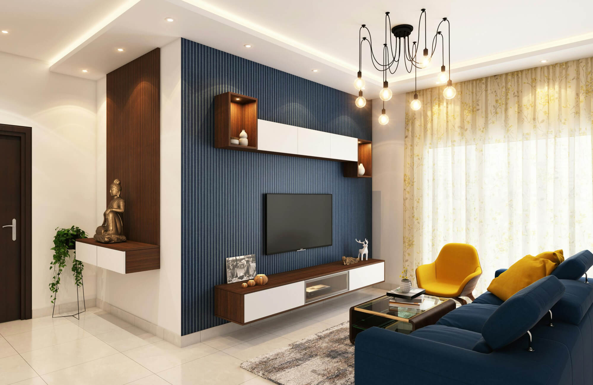 null Modern deer sculpture and small decor accents are displayed in a bright living room with a blue media wall, floating shelves, and colorful seating.