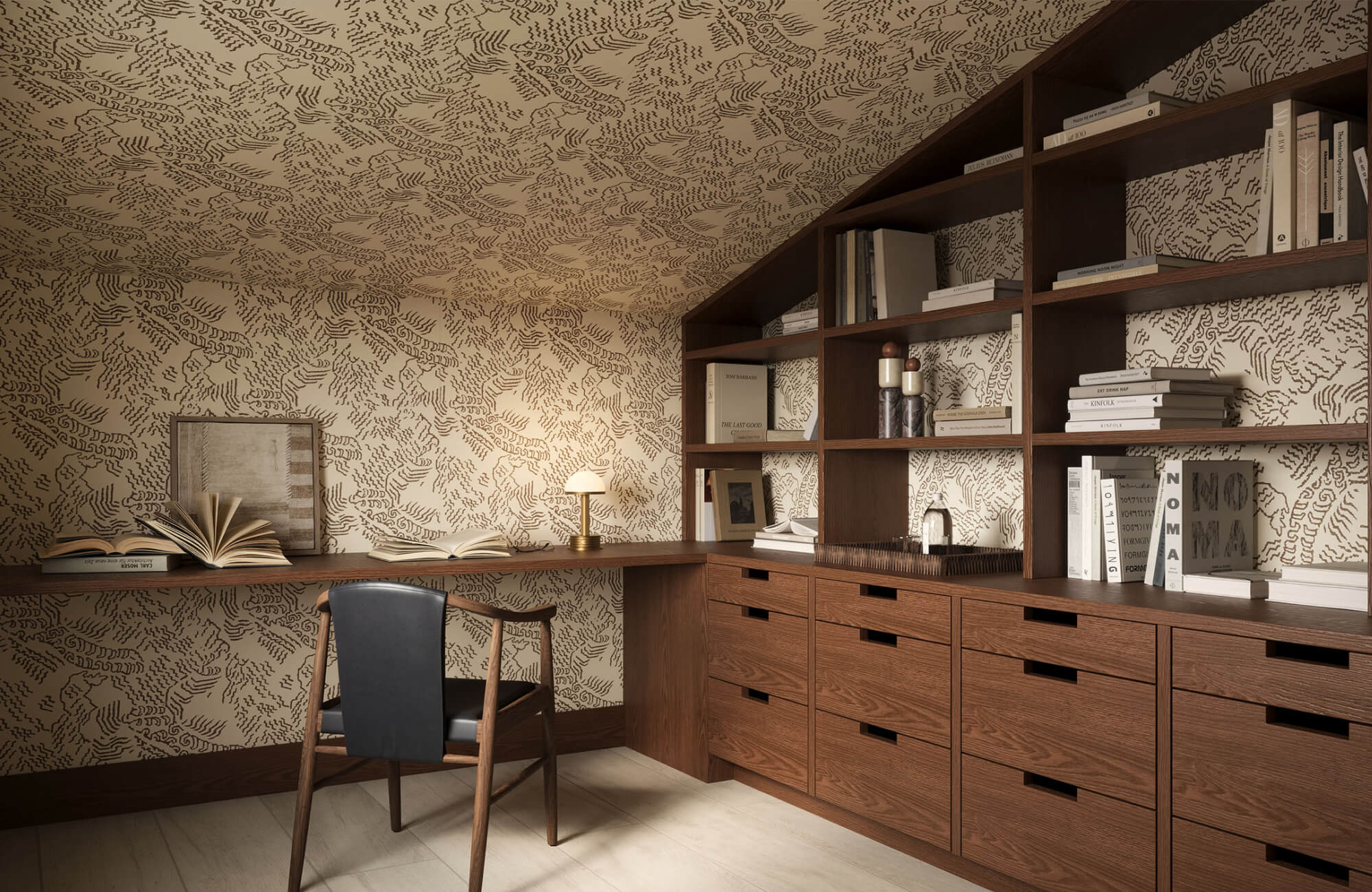 null Modern abstract sculpture set and books arranged on built-in wood shelving in a warm study with patterned wallcovering, desk, and black leather chair.