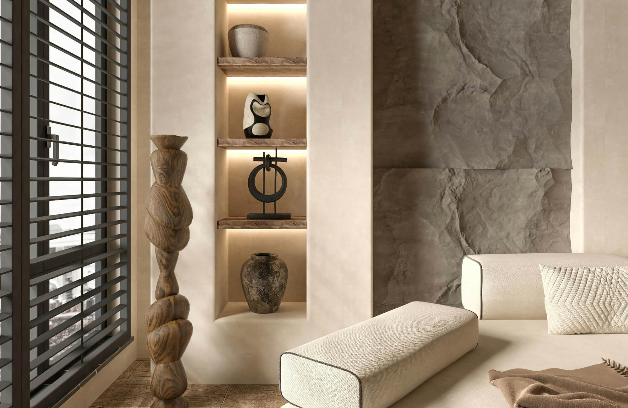 null Tall carved wood figure sculpture beside a lit display niche with abstract modern sculptures in a neutral bedroom with textured stone wall panels.