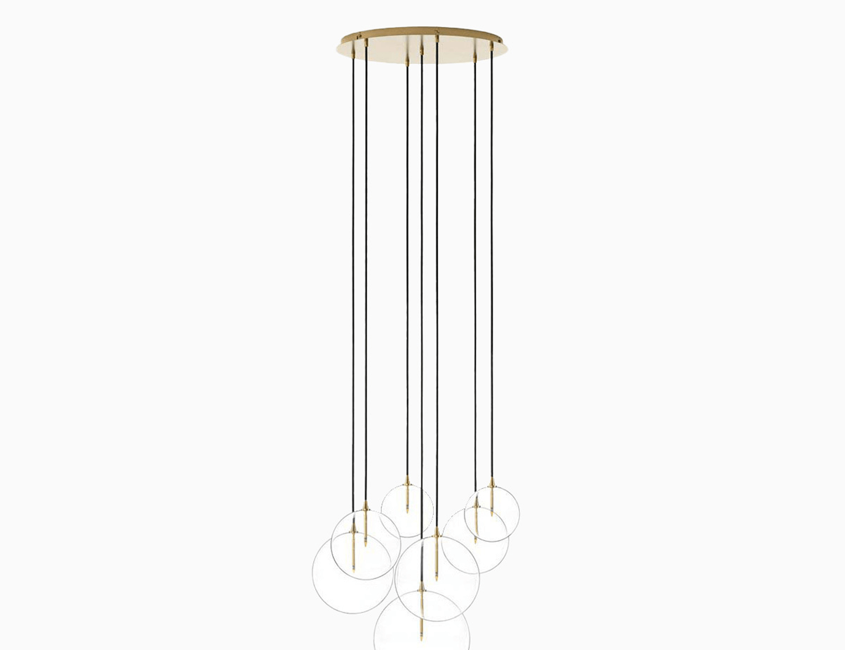 Modern chandelier with multiple clear glass globe shades suspended by black cords from a gold ceiling mount, creating a sleek and airy contemporary design.