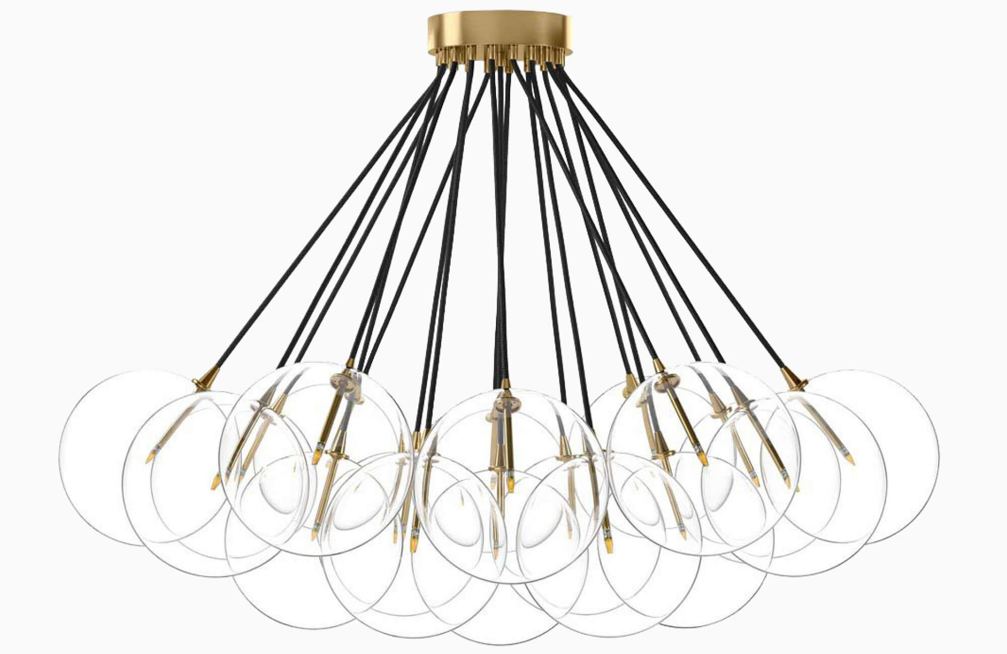 Elegant modern chandelier featuring multiple clear glass globes suspended at varying heights by thin black cords from a round gold ceiling mount, creating a modern, airy silhouette.