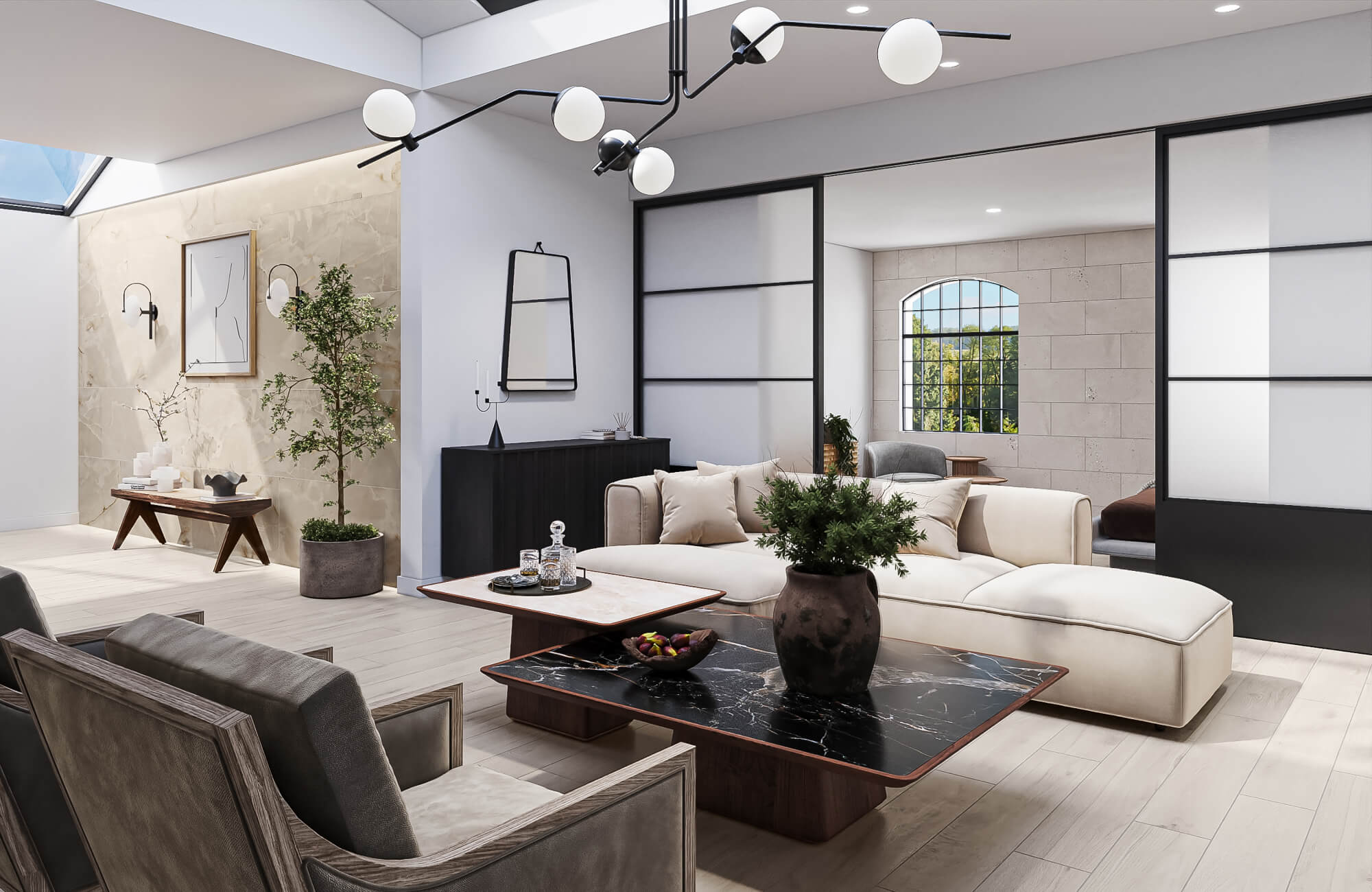 Sophisticated living room with a sleek black-armed modern chandelier, neutral-toned furniture, marble-top coffee tables, and abundant natural light streaming through large windows and skylights.