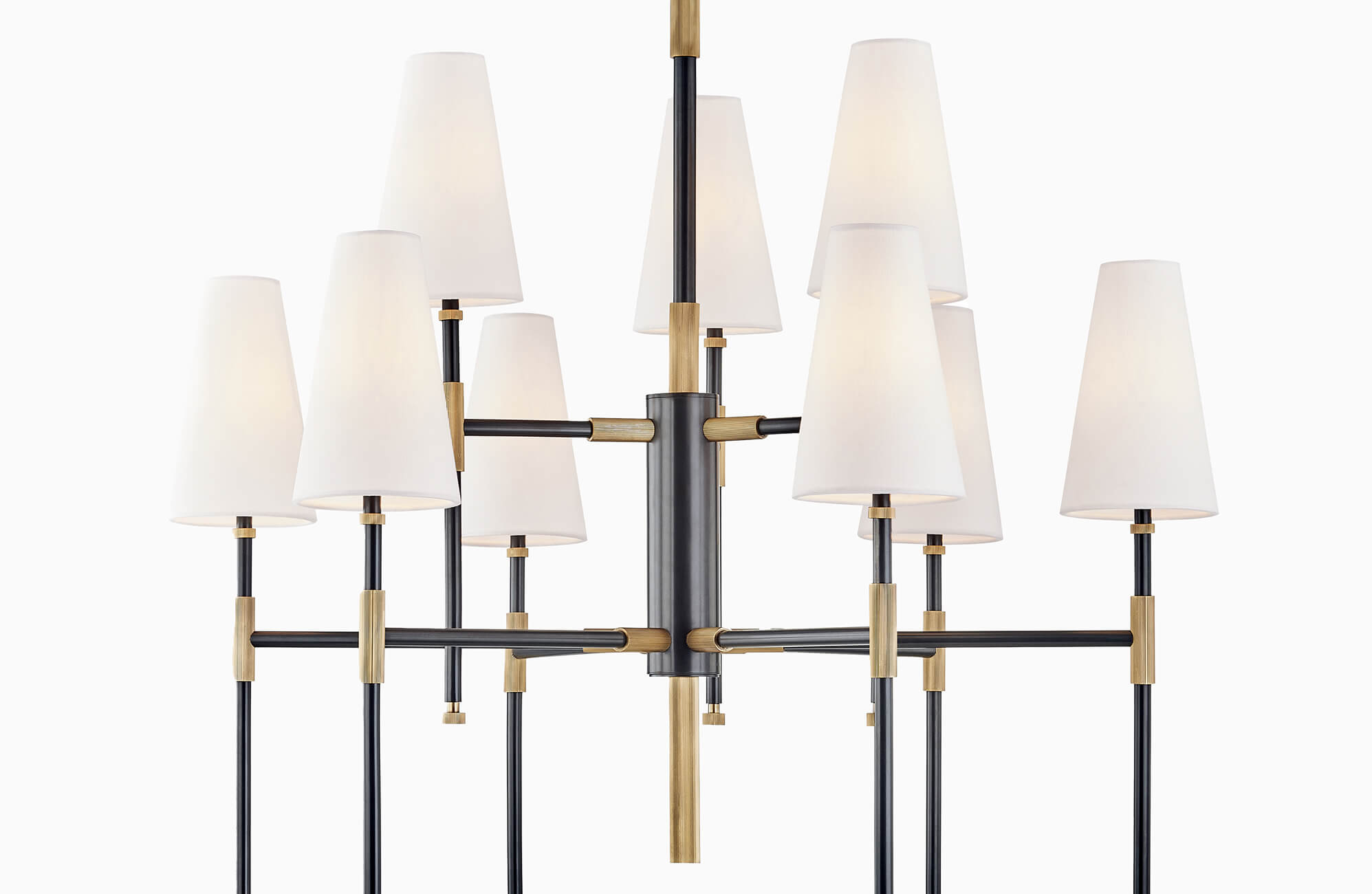 Modern chandelier featuring multiple black and gold metal arms with tapered white fabric shades, creating a refined and balanced modern design.