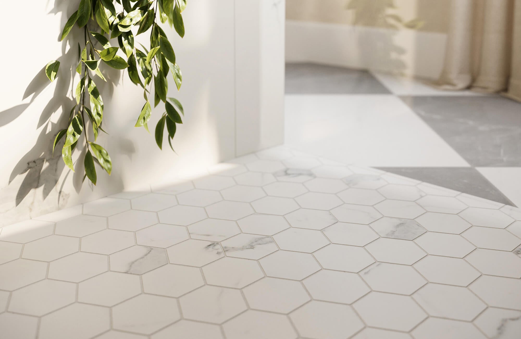 null Bathroom floor with white hexagon mosaic tiles featuring subtle gray veining, adding a clean and timeless touch to the space.
