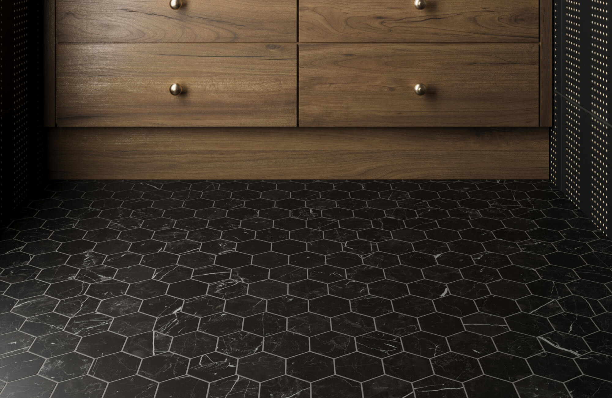 null Stylish interior with black hexagon mosaic floor tiles featuring subtle white veining, creating a bold contrast against the warm wooden cabinetry.