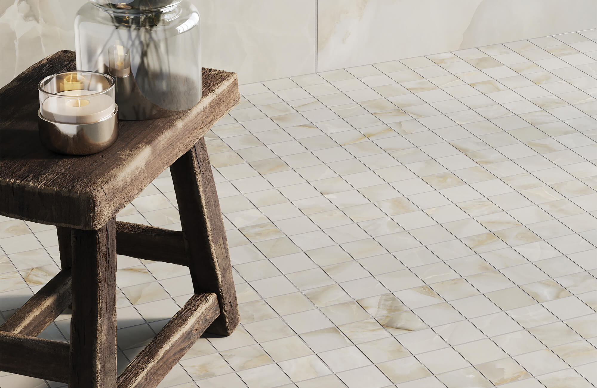 null Elegant space with glossy cream and beige square mosaic floor tiles, adding warmth and sophistication alongside rustic wooden accents.