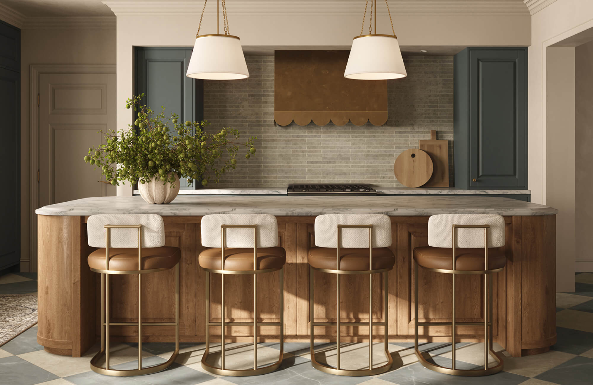 null Transitional kitchen blending warm wood tones, classic cabinetry details, and soft metallic lighting for a balanced look
