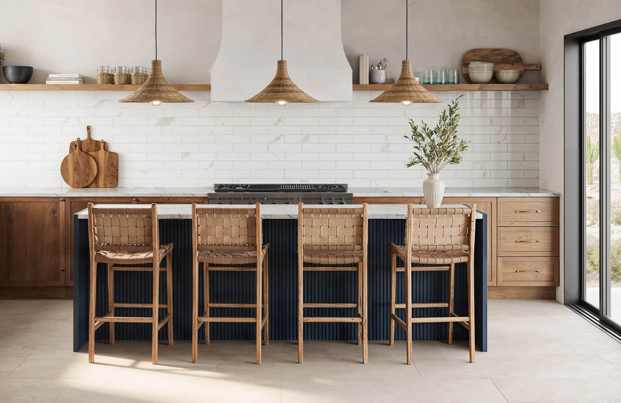 null Transitional kitchen with natural wood cabinetry, woven textures, and neutral finishes creating a relaxed yet refined style