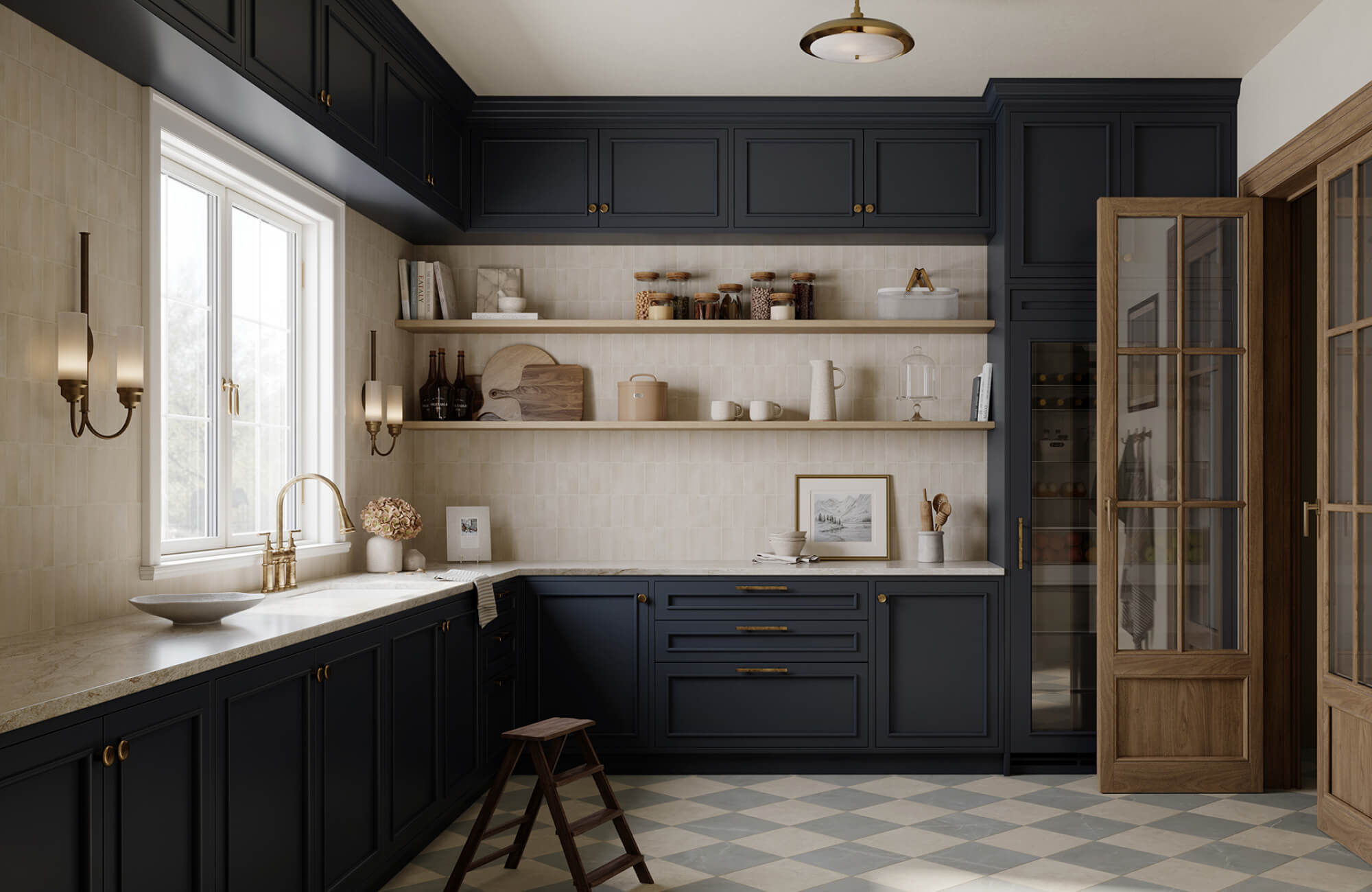 null Traditional kitchen featuring dark paneled cabinets, open shelving, warm brass accents, and a timeless layout