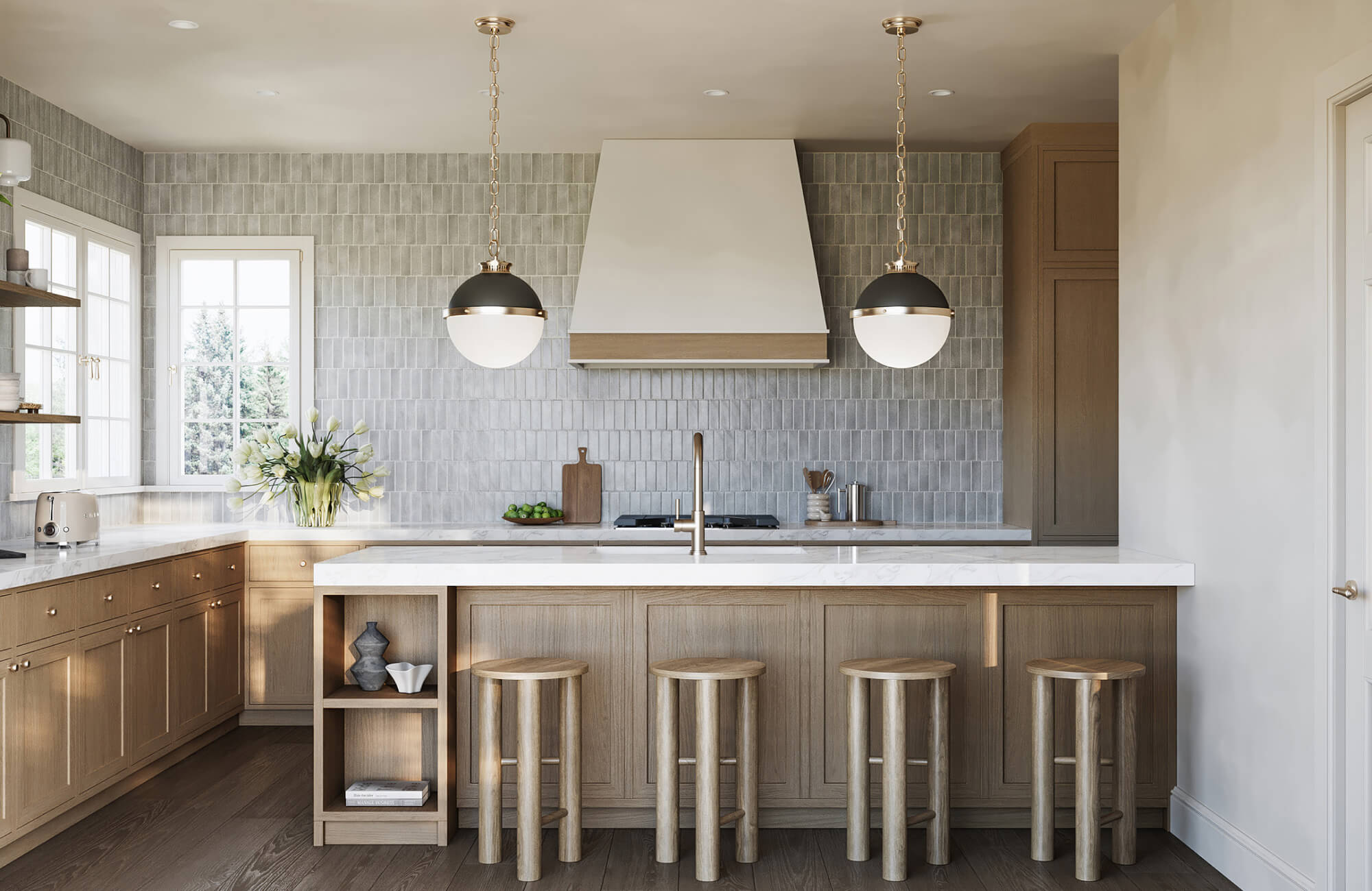 null Transitional kitchen showcasing light wood cabinetry, soft gray tile backsplash, and balanced classic-modern details