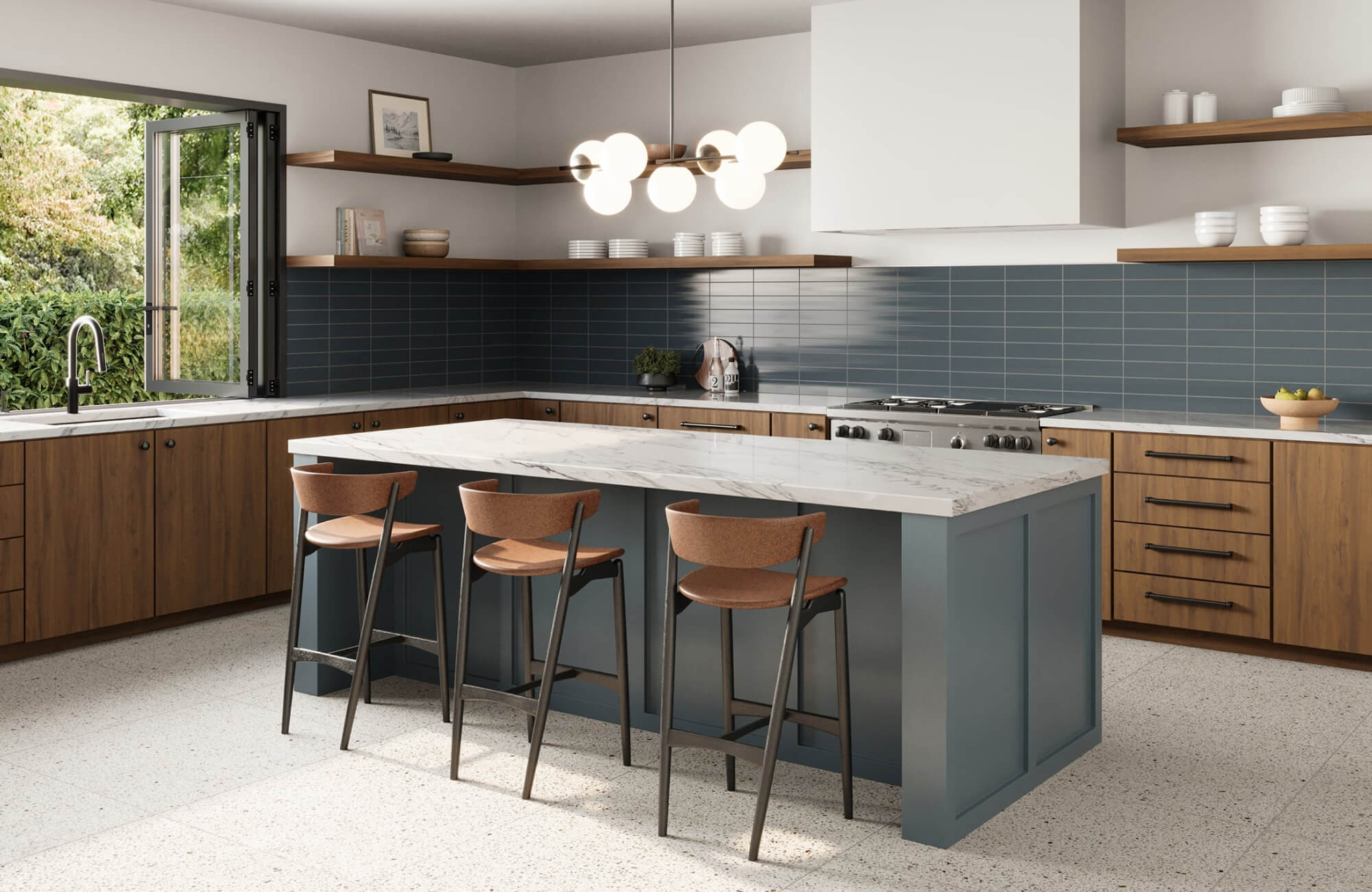 null Contemporary kitchen with clean lines, bold tile backsplash, modern lighting, and a streamlined island design