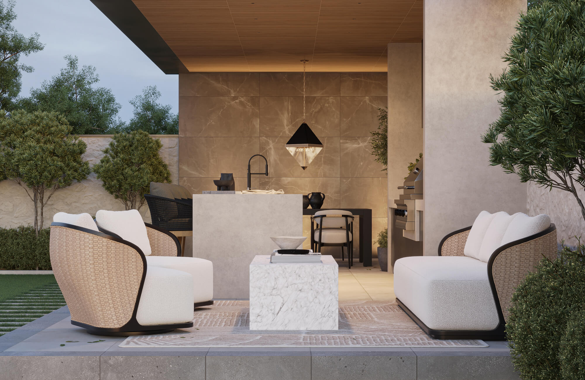 Refined outdoor house lighting with a statement pendant light and soft recessed ceiling illumination enhances this covered patio, highlighting the outdoor kitchen, modern seating, and warm natural materials.