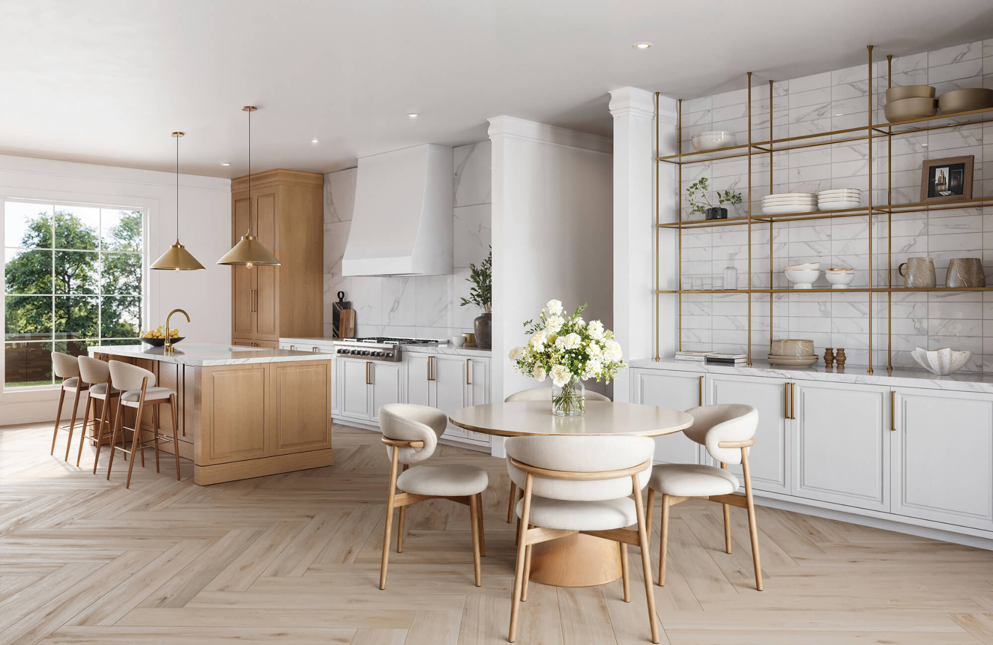 null Bright modern kitchen with wood accents, marble-look tile backsplash, open shelving, and a round dining table with upholstered chairs.