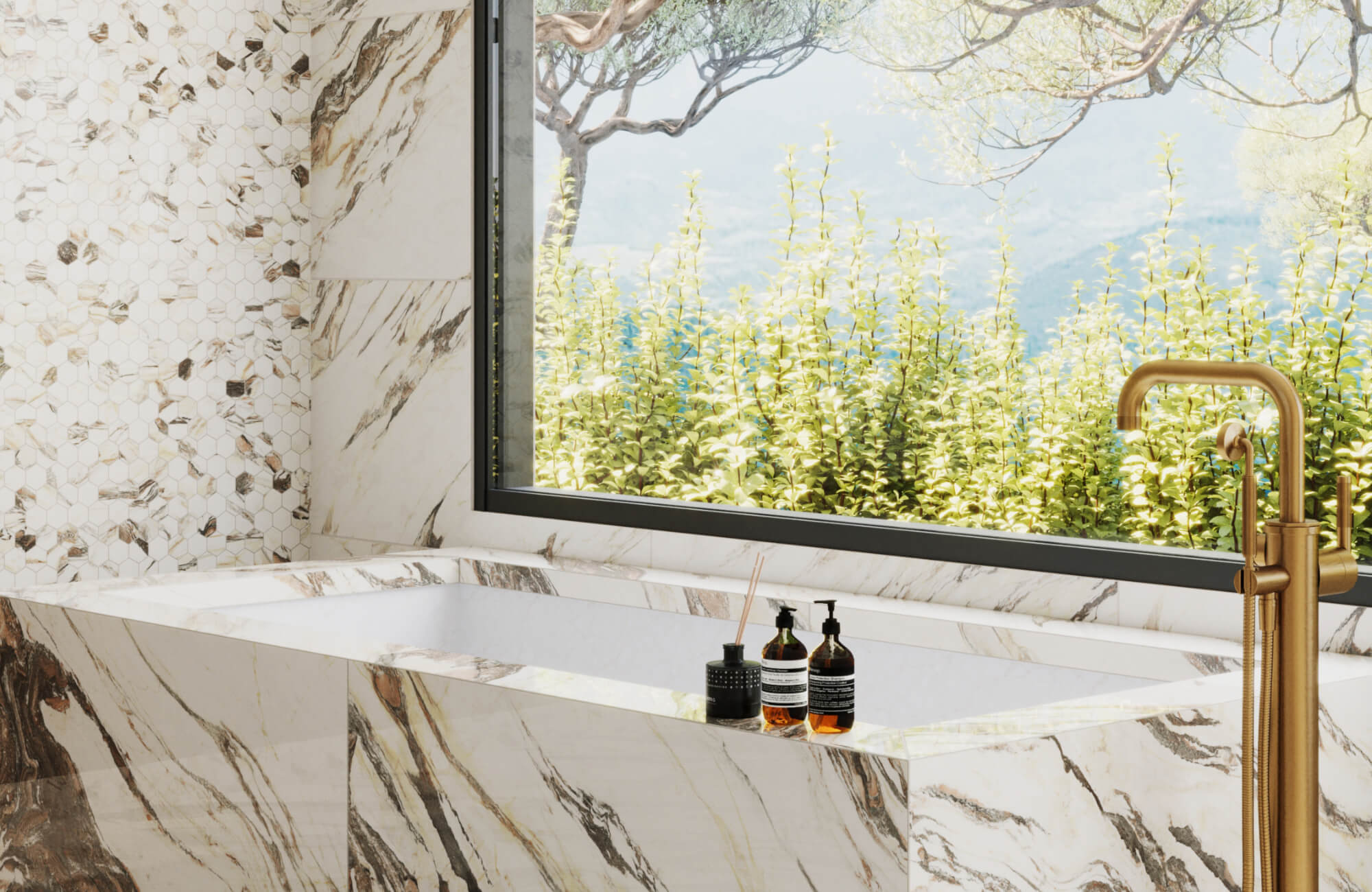 null Luxurious bathroom with a marble-look tub surround, mosaic tile accent wall, gold fixtures, and a large window overlooking lush greenery.