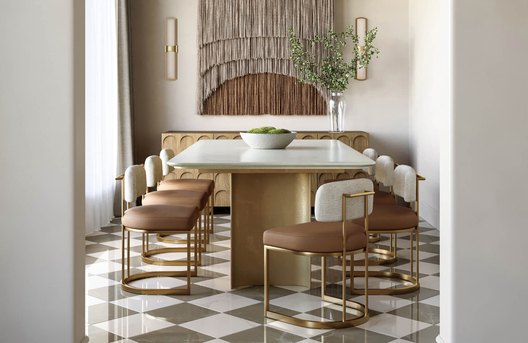 Modern dining room with glossy beige and taupe checkerboard tile floor, gold-accented chairs, and textured wall art above a wood sideboard.