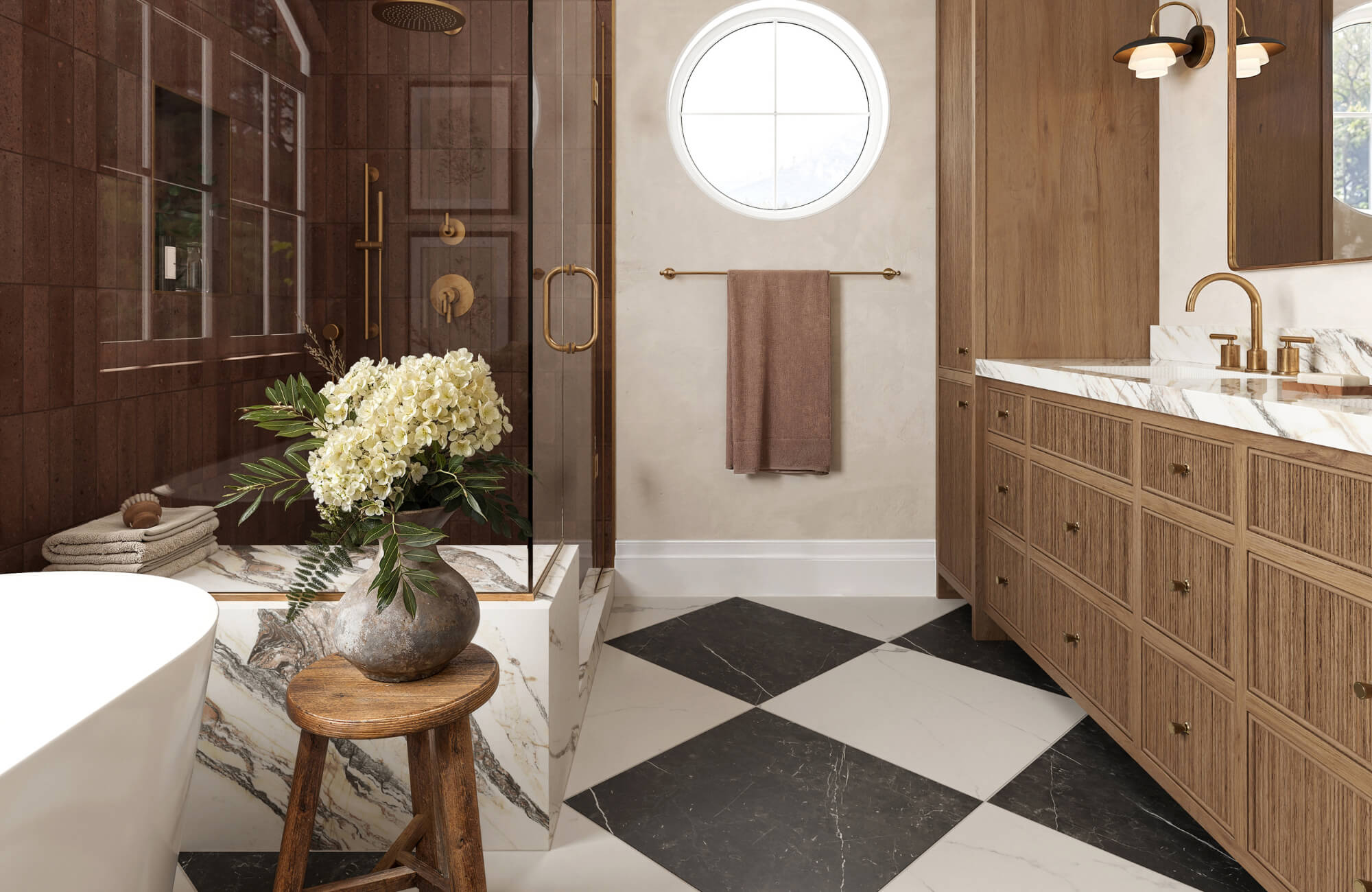 Elegant bathroom with black and white marble-look checkerboard tile flooring, wood cabinetry, and gold fixtures under natural light.