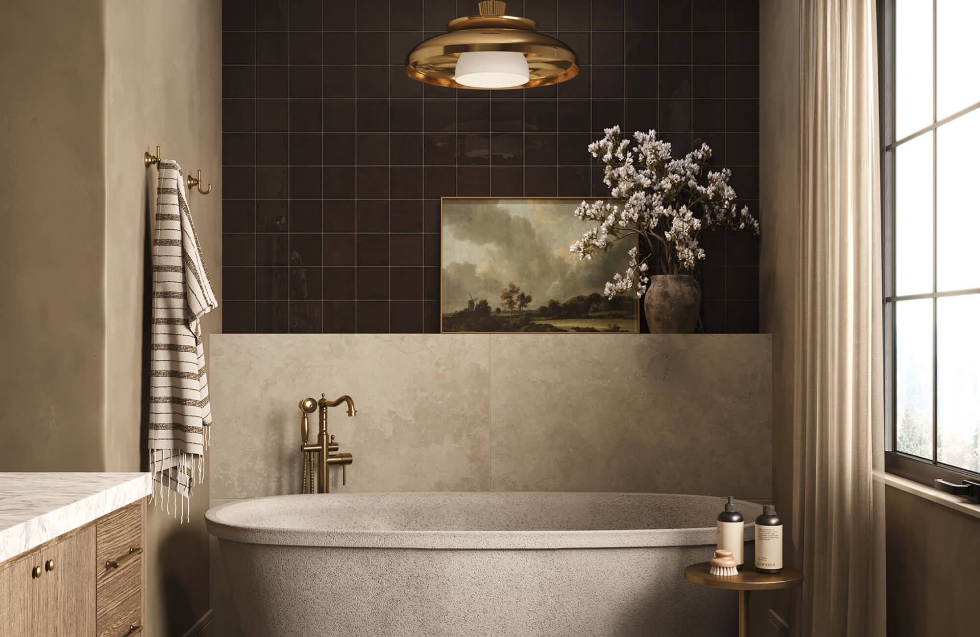 Rustic bathroom with dark tile accents, warm lighting, and a textured soaking tub framed by soft, neutral tones.