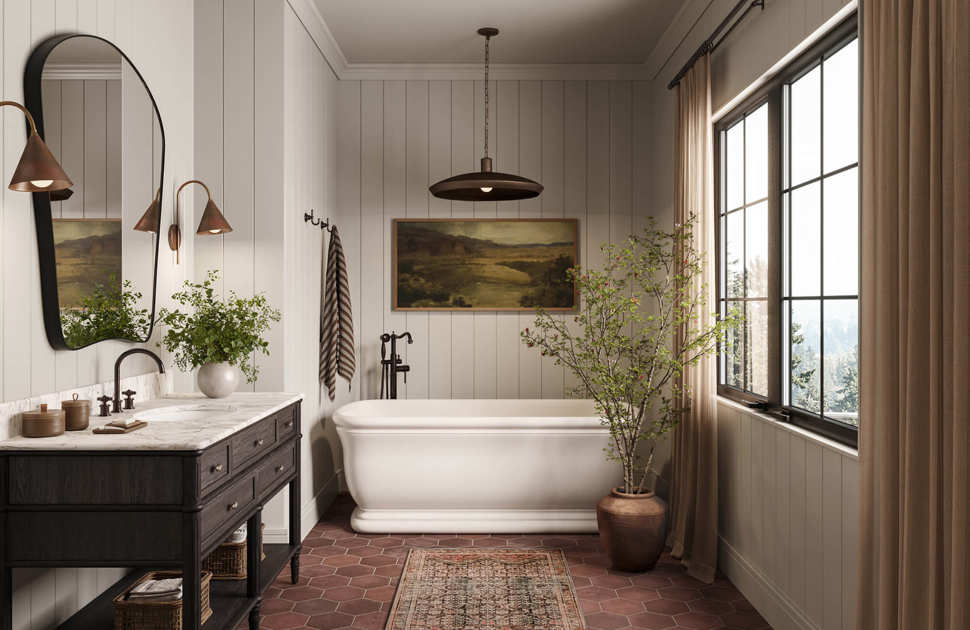 Rustic-inspired bathroom with shiplap walls, warm lighting, and natural textures surrounding a freestanding tub.
