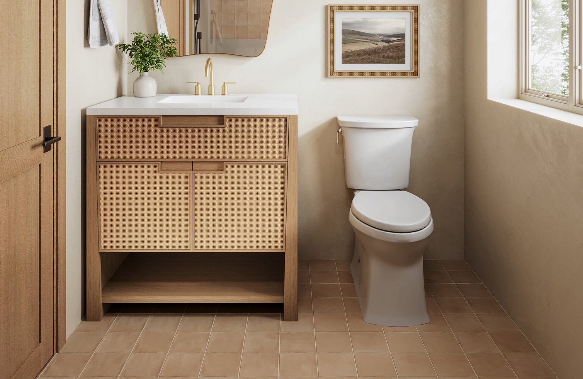 Cane-front vanity positioned against the wall next to a window, creating a clean and airy corner arrangement.