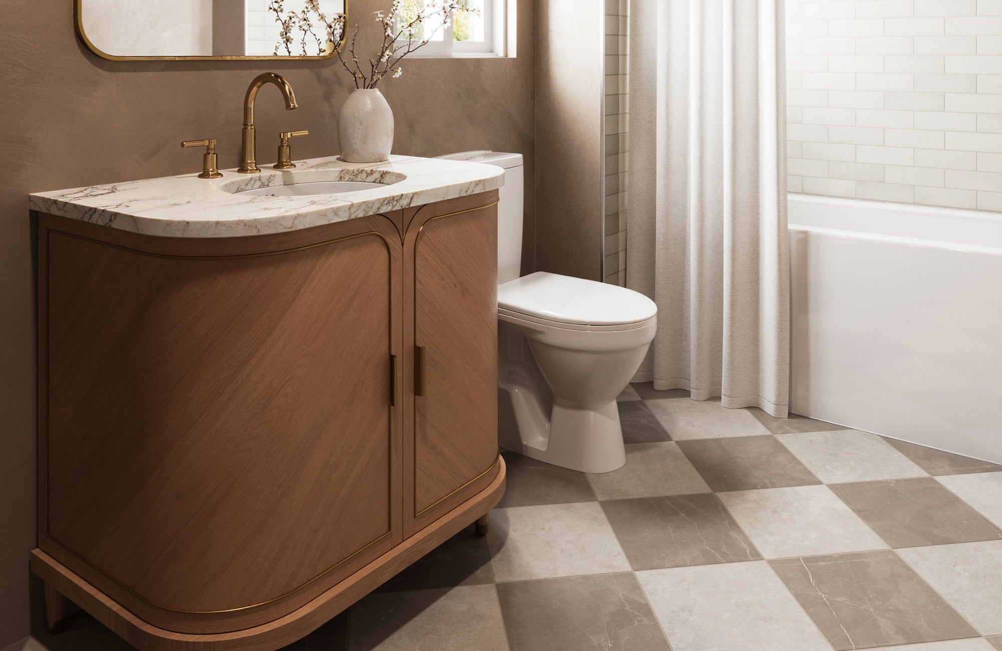 Curved vanity set against the wall near the bathtub, blending seamlessly with soft tones and natural textures.