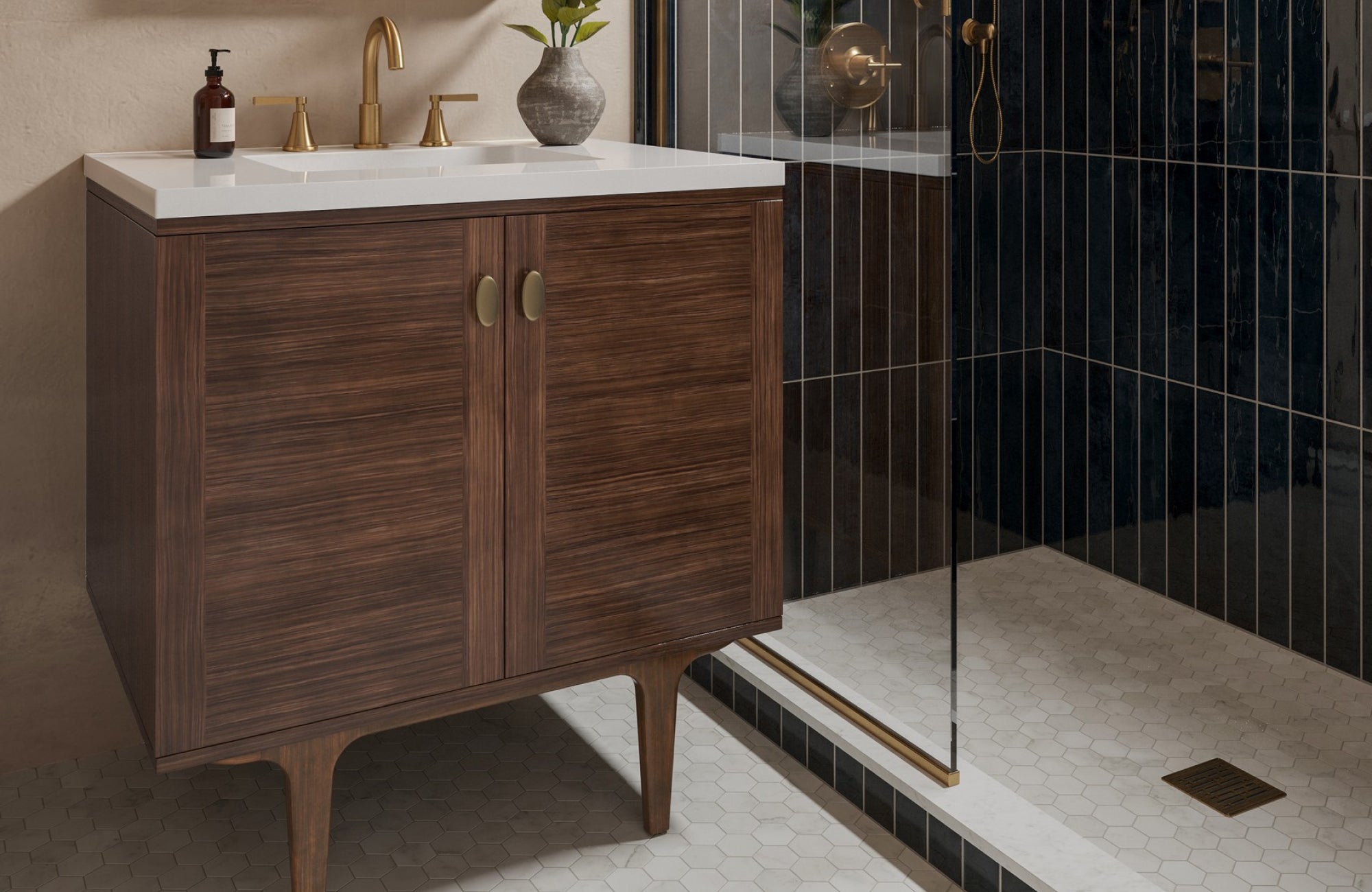 Mid-century style vanity near the shower wall, partially floating above the floor for easy access and visual lightness.