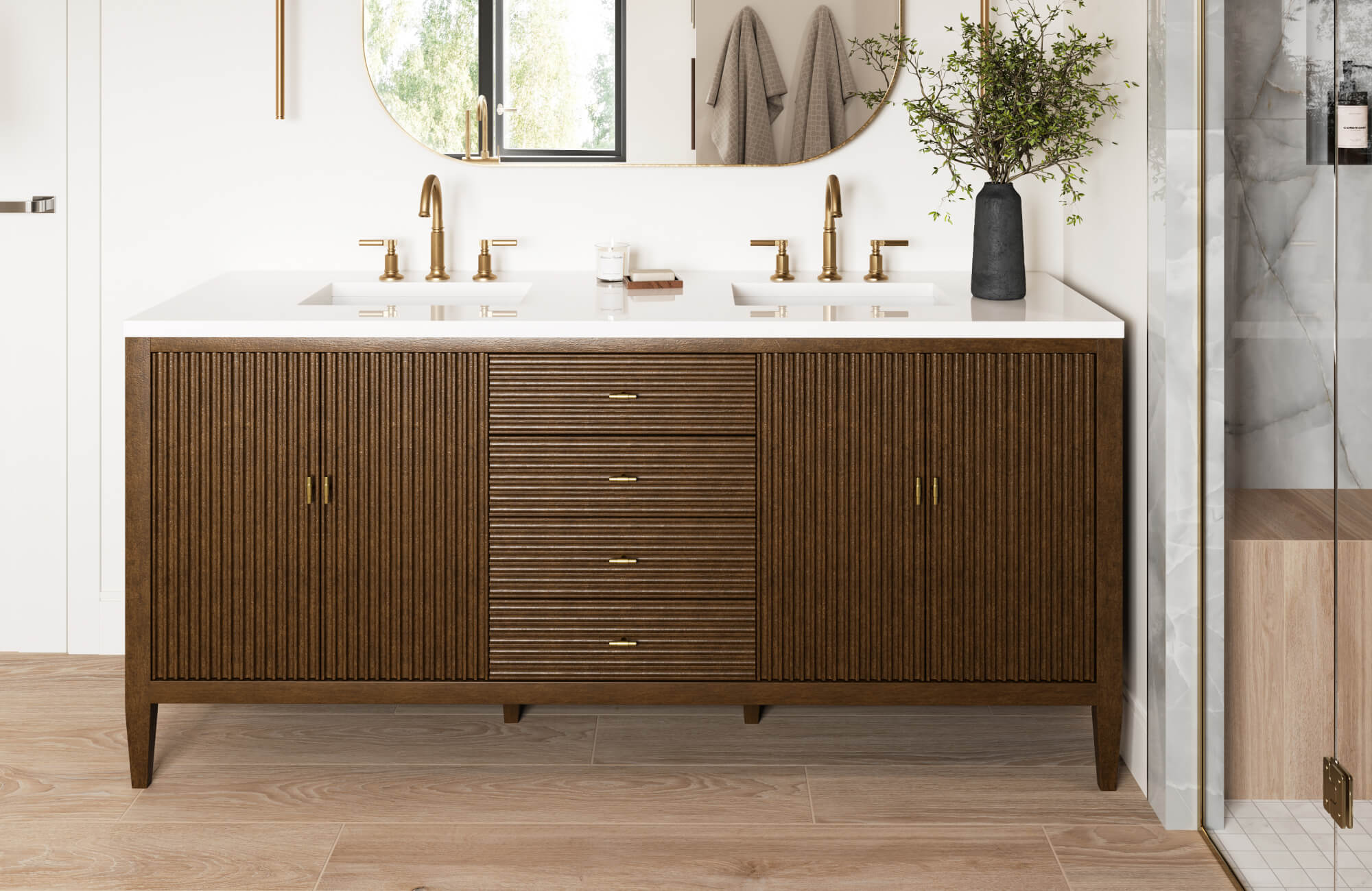 Contemporary bathroom with ribbed dark wood vanity, sleek white surface, brushed brass accents, and bright walls for striking visual contrast