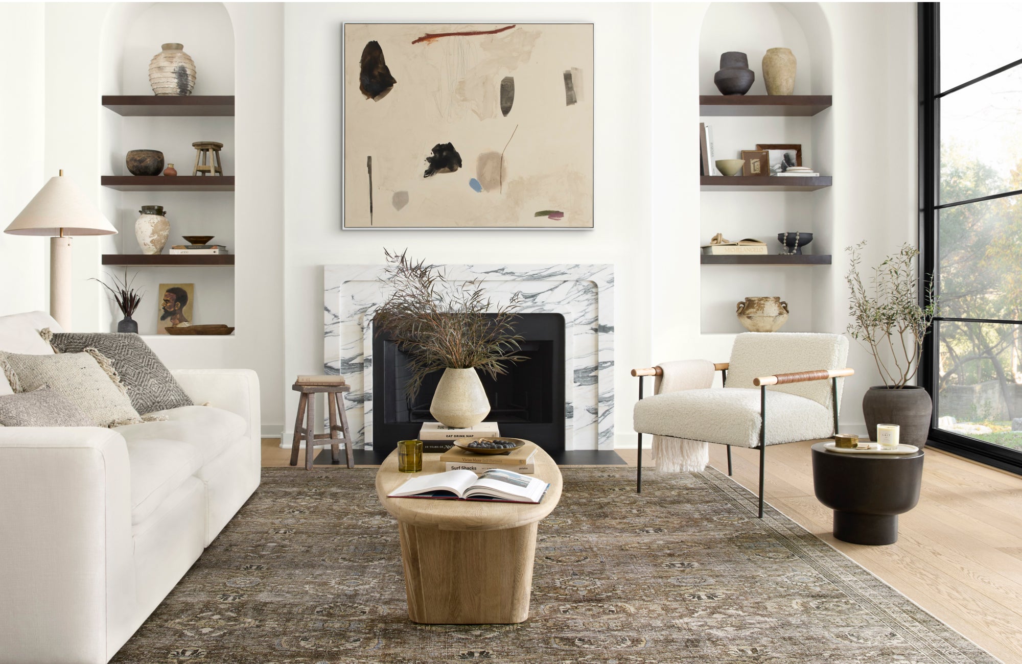 Mid-tone rug supporting a family-friendly layout, blending practicality with coordinated visual flow.