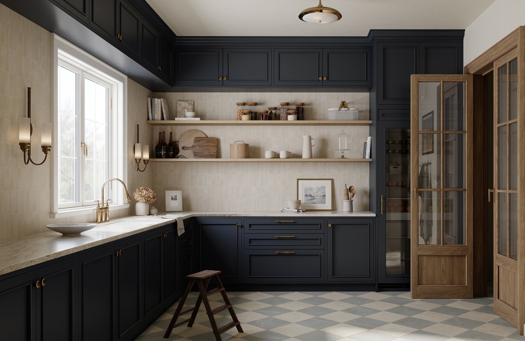 Wall sconces and ceiling light in brass iron finish bring warmth to a kitchen with navy cabinets and wood accents.