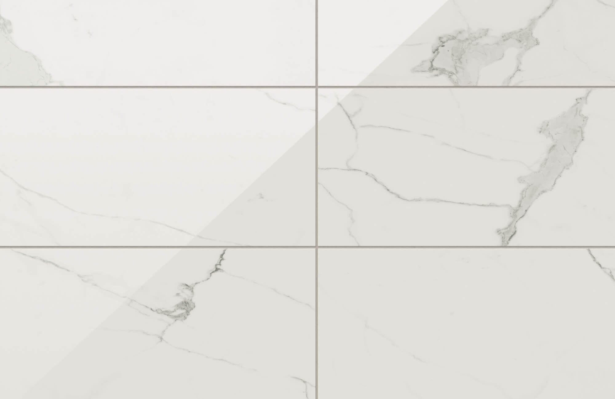 Polished white porcelain tiles with soft grey veining offering a sleek marble look finish for refined, modern bathroom interiors.
