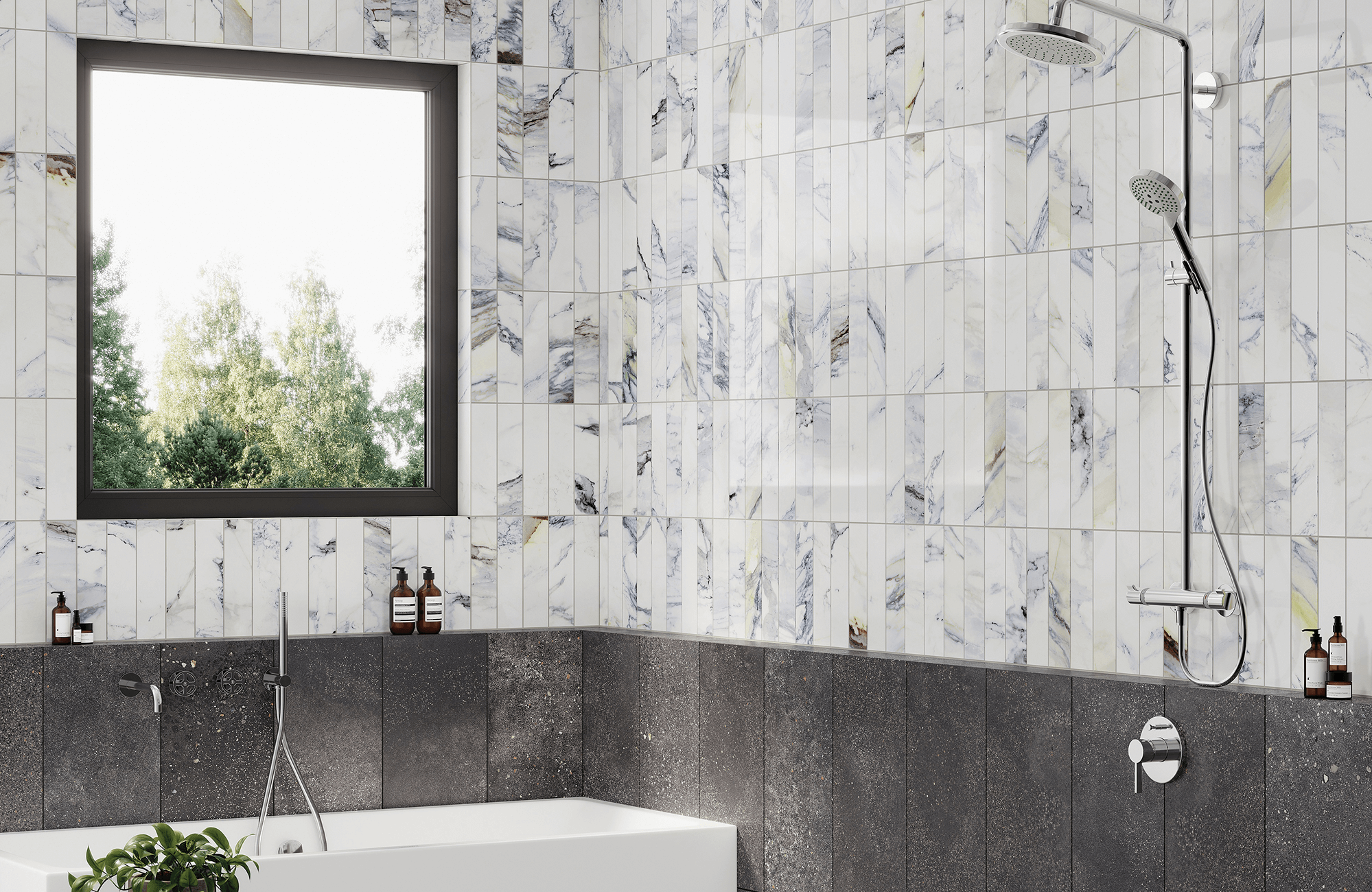 Contemporary bathroom with marble look vertical tile walls, black stone look tile wainscoting, chrome fixtures, and soaking tub.