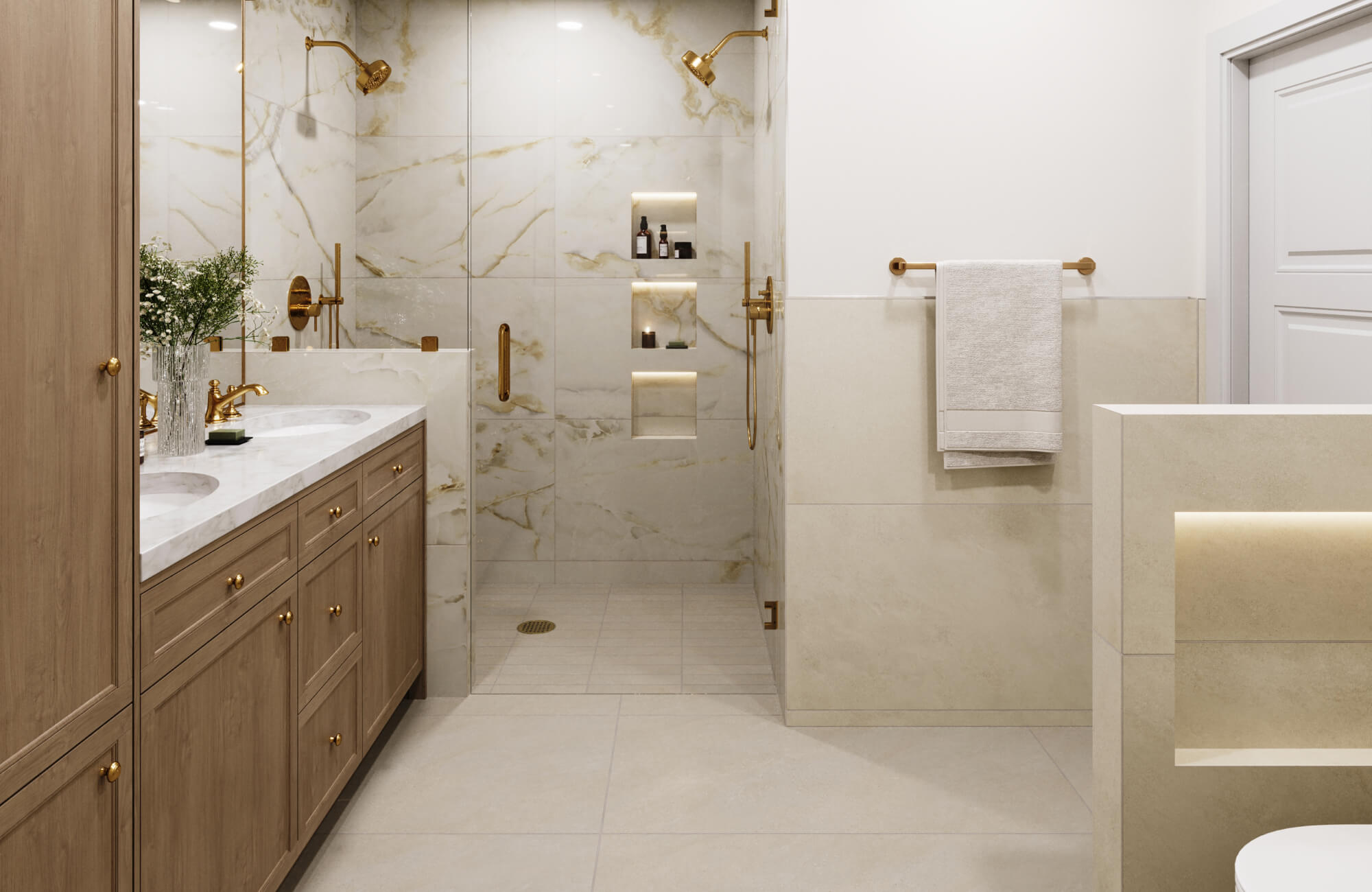 Transitional bathroom with onyx look shower tile wall, warm wood vanity, brass fixtures, and beige stone look floor.