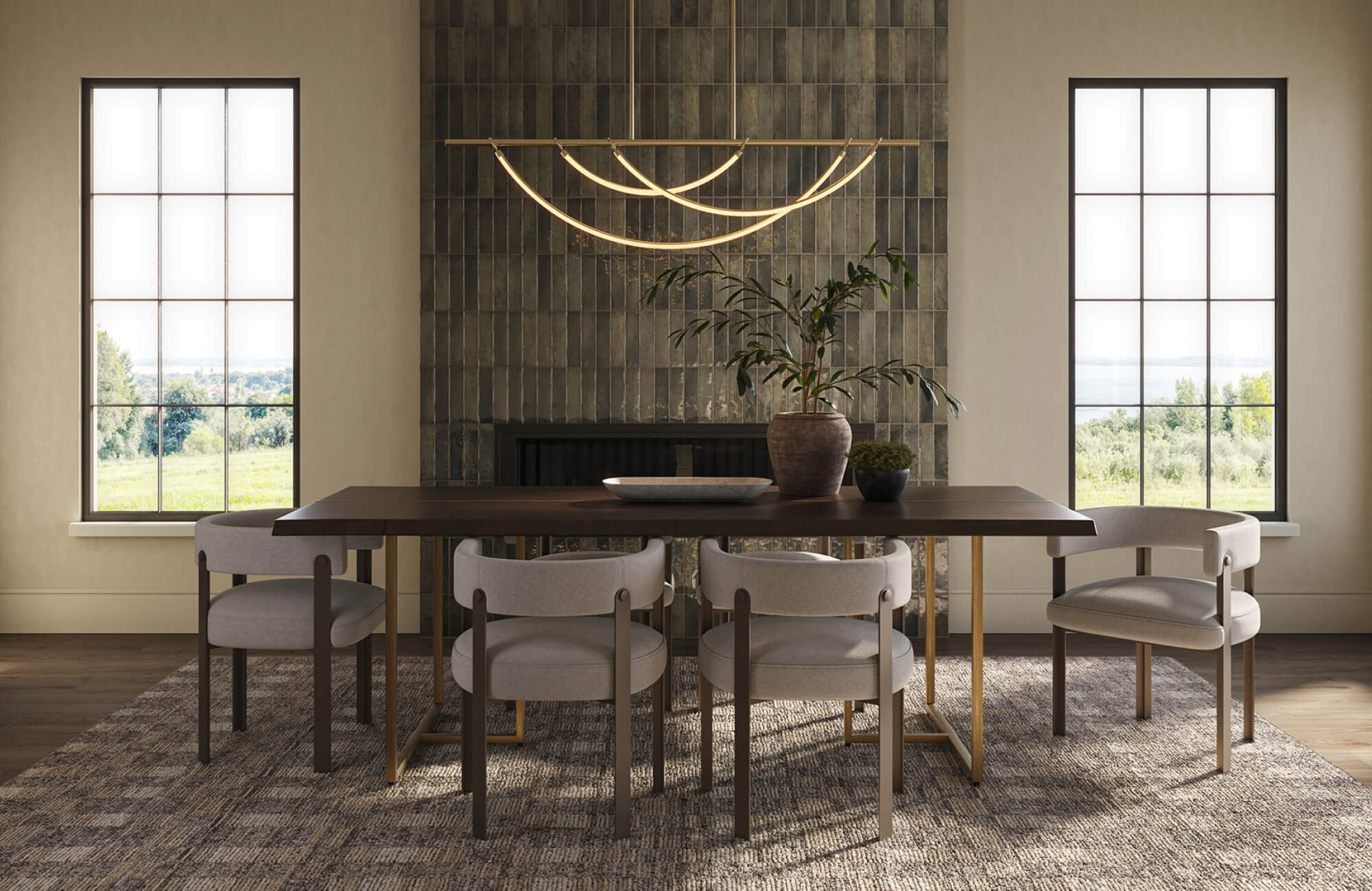 Neutral upholstered dining chairs surrounding a dark wood table in a bright room, showing contrast softened by natural light.