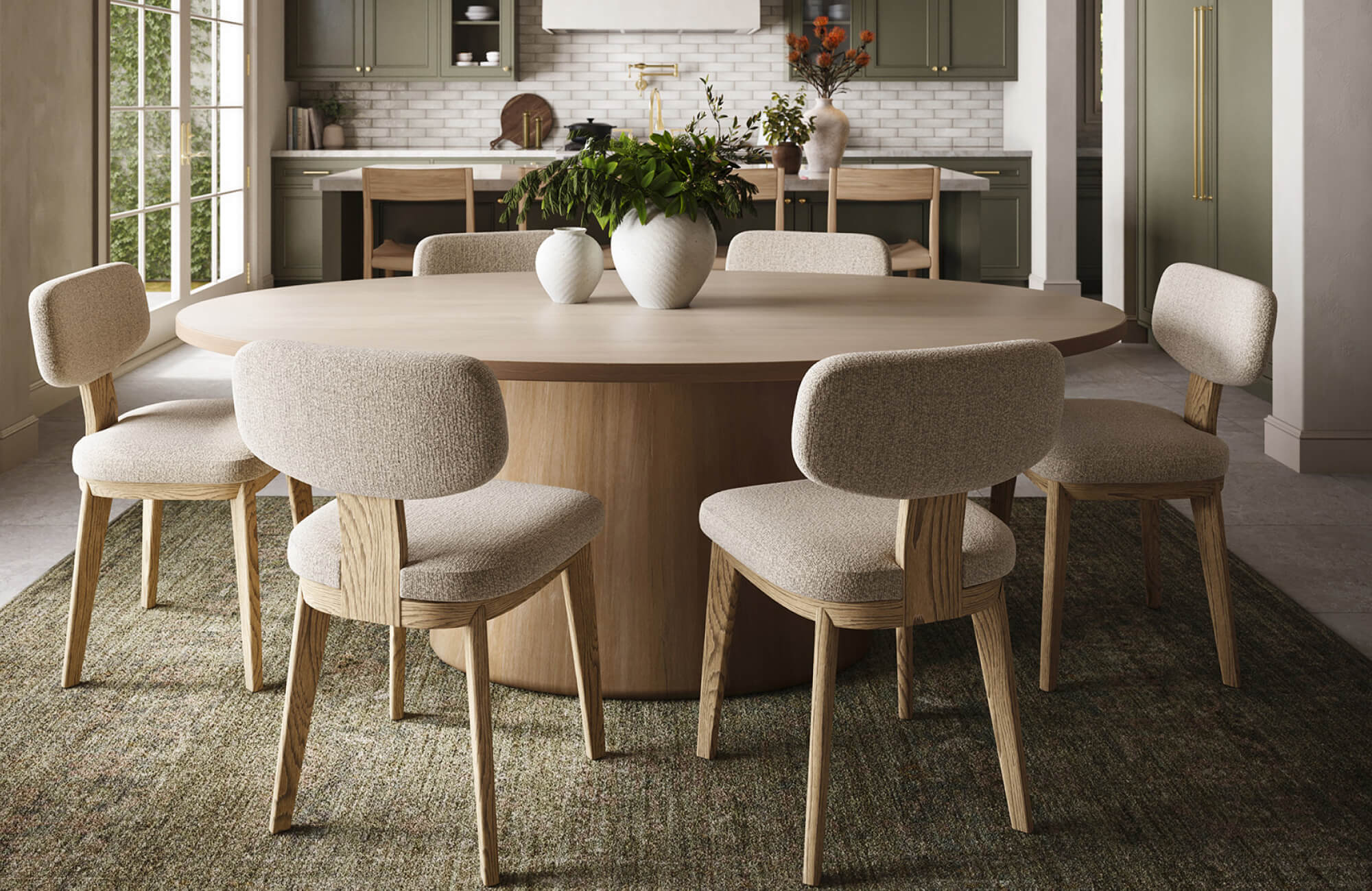 Light wood dining chairs with textured upholstery paired with a round table, emphasizing warmth and material harmony.